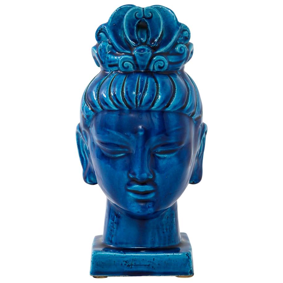 Aldo Londi Bitossi Kwan Yin Blue Bust, Ceramic, Buddha, Signed