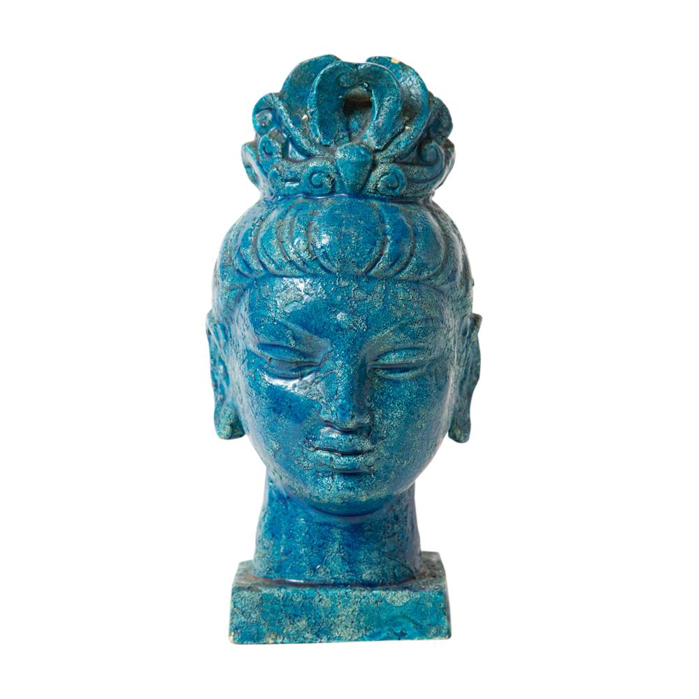 Aldo Londi Bitossi Kwan Yin Buddha, ceramic, blue, signed. Beautiful and calming female Buddha glazed in a textured Cinese (Chinese) blue. Signed on the underside: 