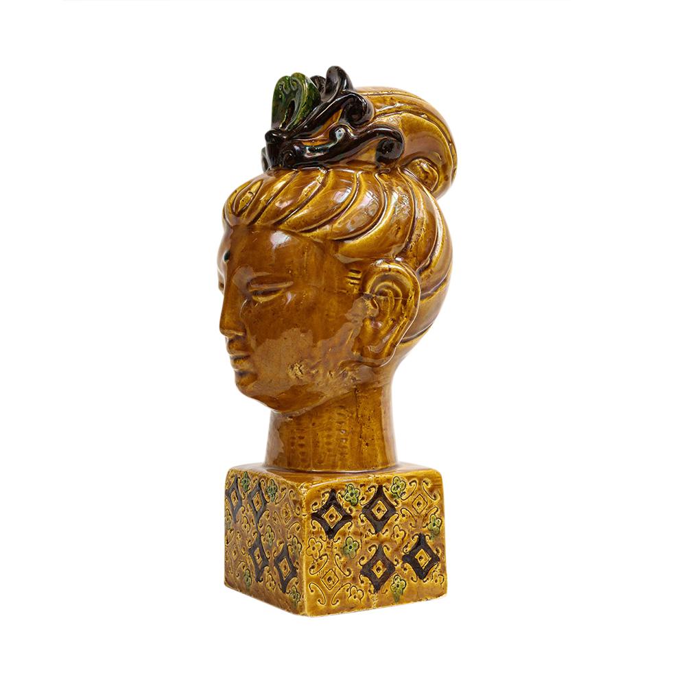 Mid-Century Modern Aldo Londi Bitossi Kwan Yin Buddha, Ceramic, Caramel Brown, Paisley For Sale