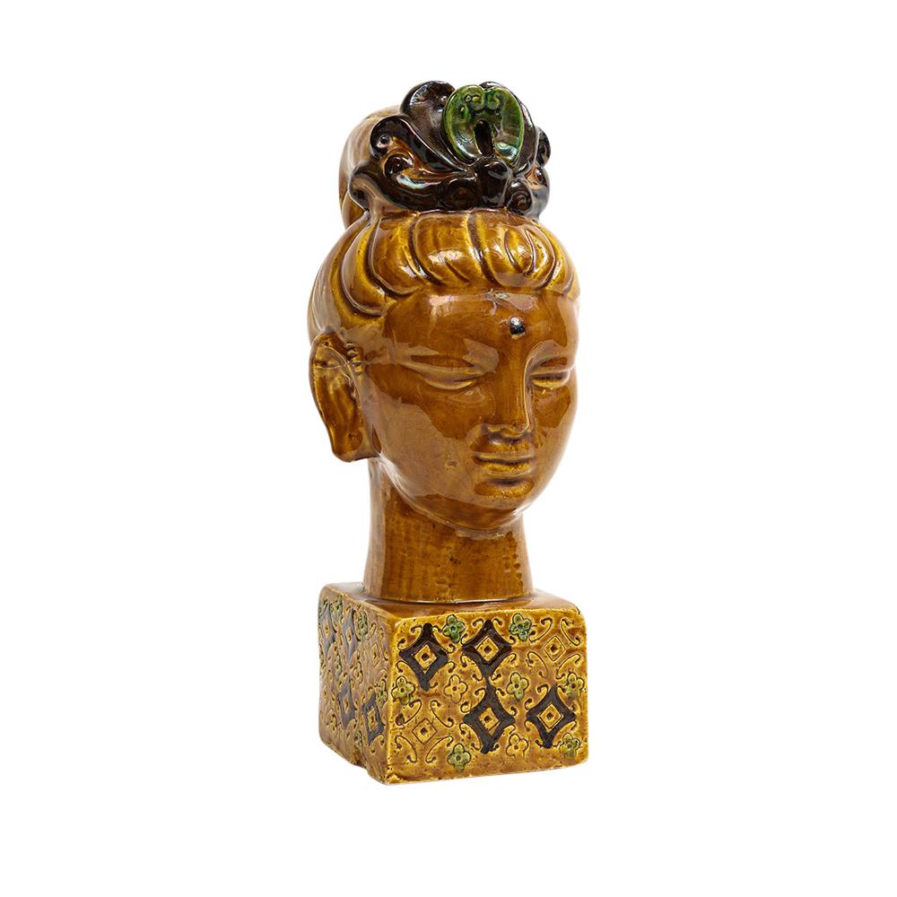 Italian Aldo Londi Bitossi Kwan Yin Buddha, Ceramic, Caramel Brown, Paisley For Sale