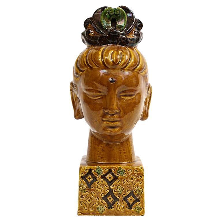 Aldo Londi Bitossi Kwan Yin Buddha, Ceramic, Caramel Brown, Paisley