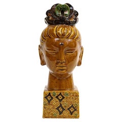 Aldo Londi Bitossi Kwan Yin Buddha, Ceramic, Caramel Brown, Paisley