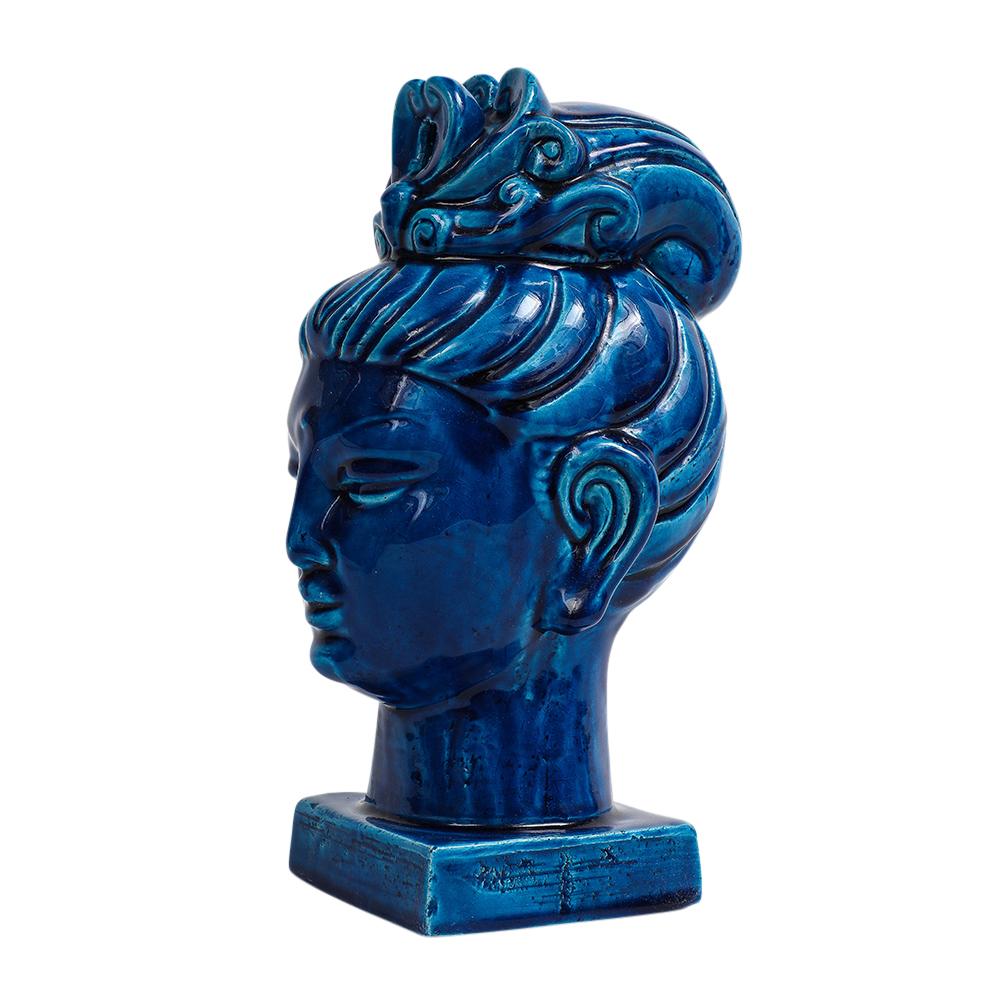 Aldo Londi Bitossi Kwan Yin, Ceramic, Blue Buddha Bust For Sale 4