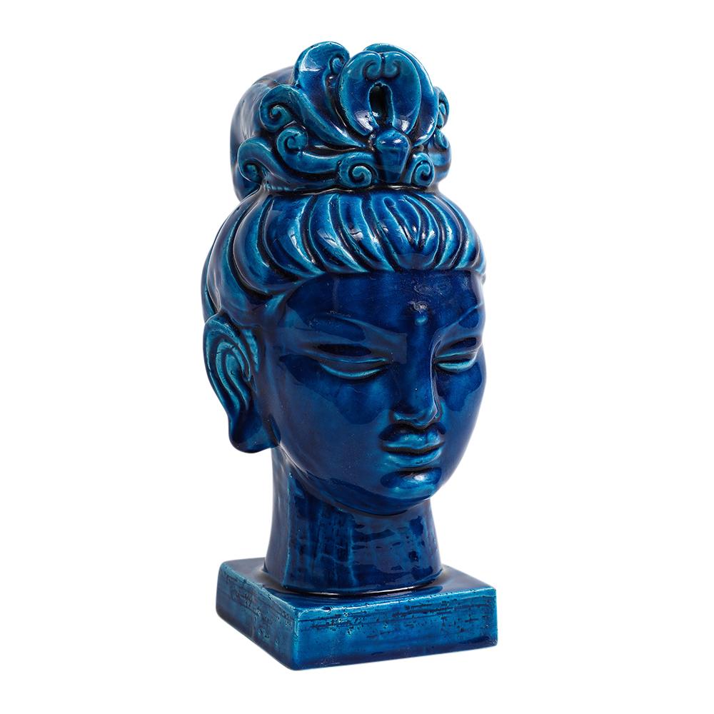 Aldo Londi Bitossi Kwan Yin, Ceramic, Blue Buddha Bust For Sale 5