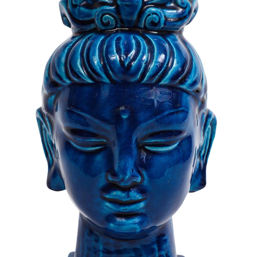 Mid-Century Modern Aldo Londi Bitossi Kwan Yin, Ceramic, Blue Buddha Bust For Sale