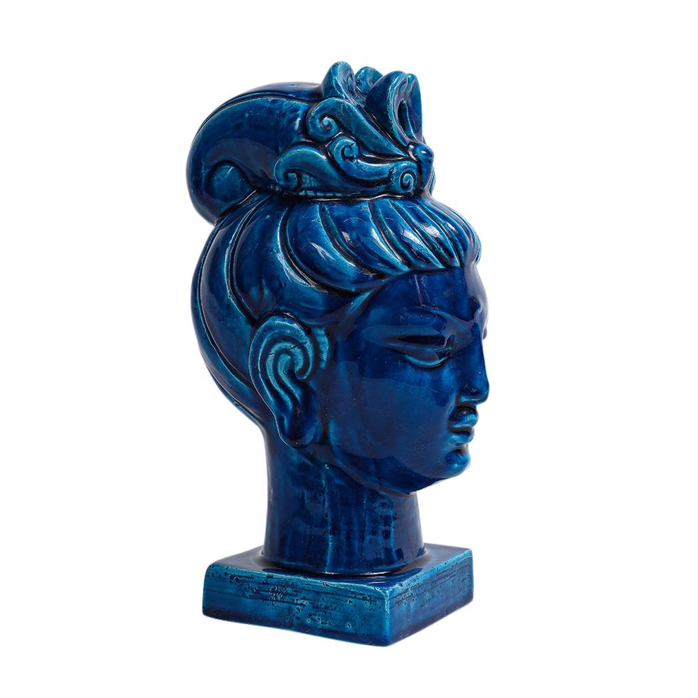 Glazed Aldo Londi Bitossi Kwan Yin, Ceramic, Blue Buddha Bust For Sale
