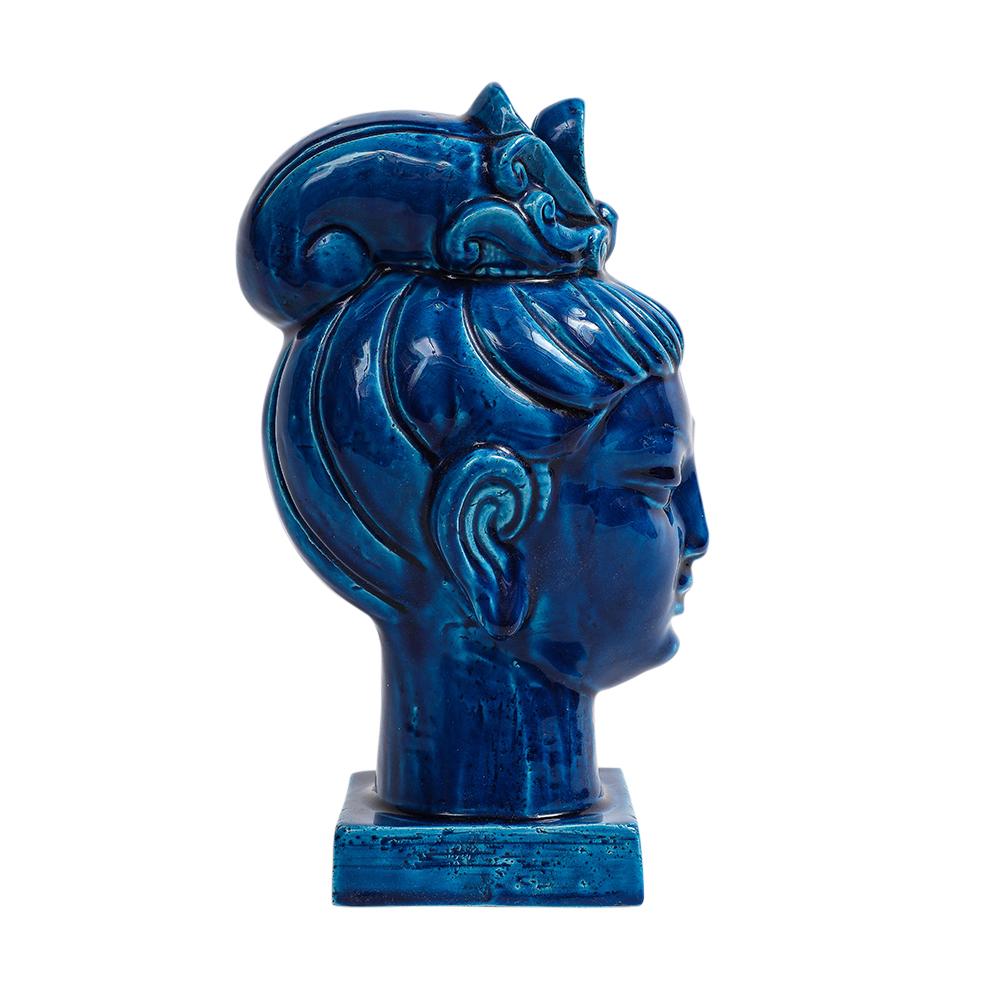 Aldo Londi Bitossi Kwan Yin, Ceramic, Blue Buddha Bust In Good Condition For Sale In New York, NY
