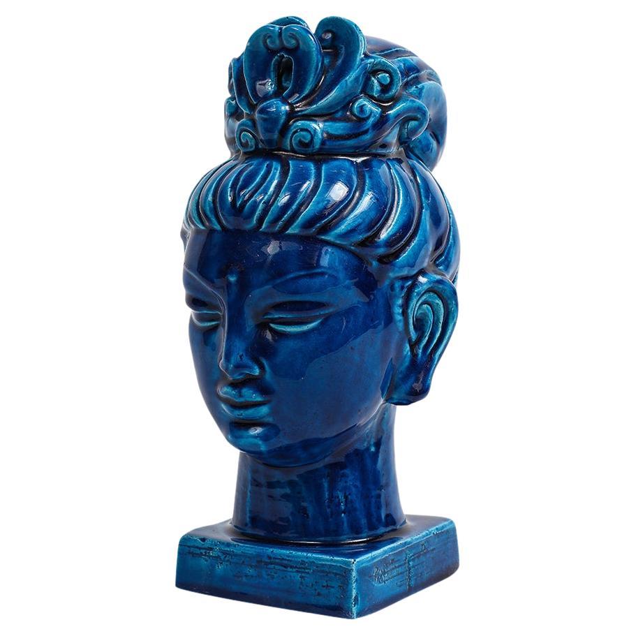Aldo Londi Bitossi Kwan Yin, Ceramic, Blue Buddha Bust For Sale