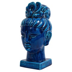 Antique Aldo Londi Bitossi Kwan Yin, Ceramic, Blue Buddha Bust