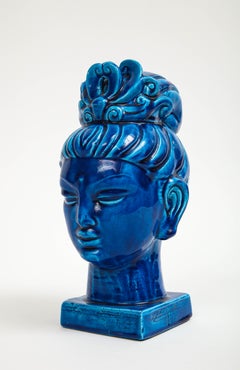 Aldo Londi Bitossi Kwan Yin, Ceramic, Buddha Bust, Blue
