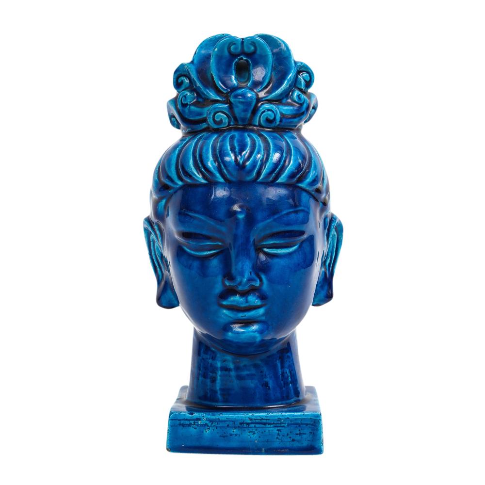 Mid-Century Modern Aldo Londi Bitossi Kwan Yin, Ceramic, Buddha Bust, Blue