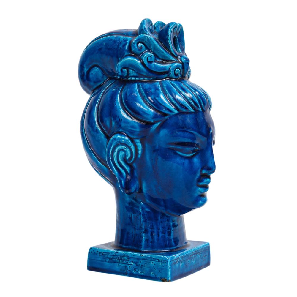 Glazed Aldo Londi Bitossi Kwan Yin, Ceramic, Buddha Bust, Blue
