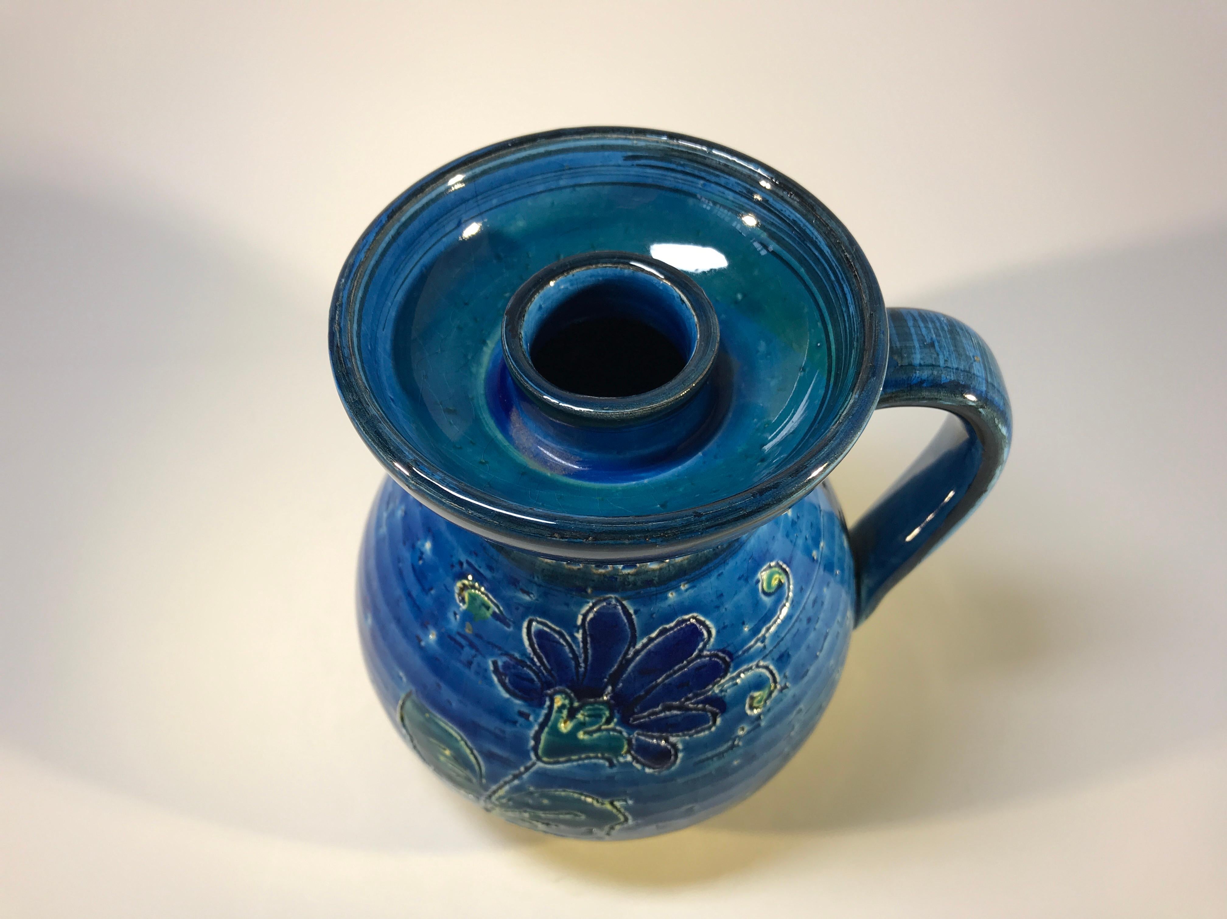 Candleholder by Aldo Londi for Bitossi of Italy, Rimini blue ceramic jug shaped with hand incised floral decoration,
circa 1970s
Measures: Height 5.5 inch, width 5 inch
In excellent condition
Wear consistent with age and use.