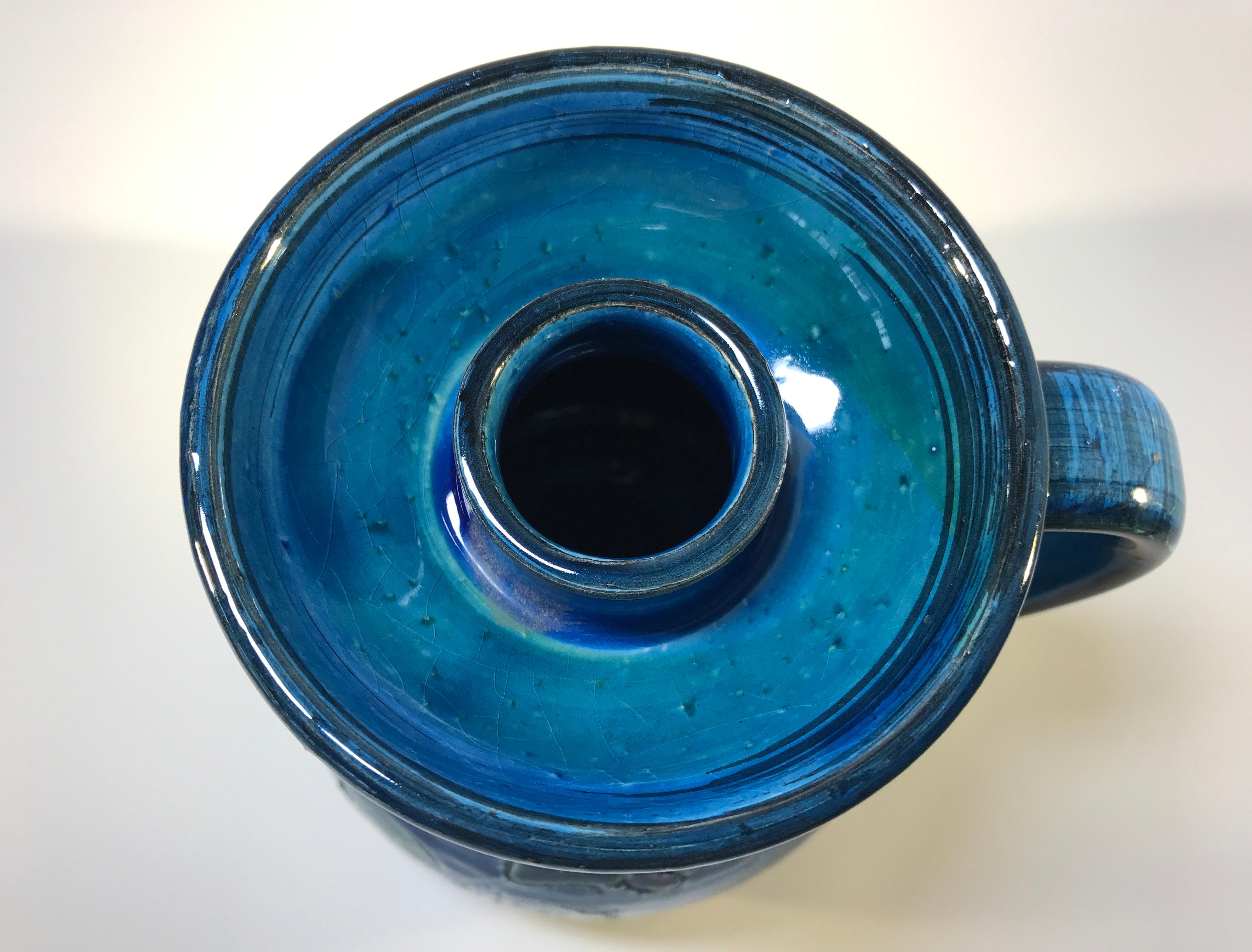 Mid-Century Modern Aldo Londi Bitossi, Midcentury Rimini Blue Ceramic Candleholder Incised Floral For Sale