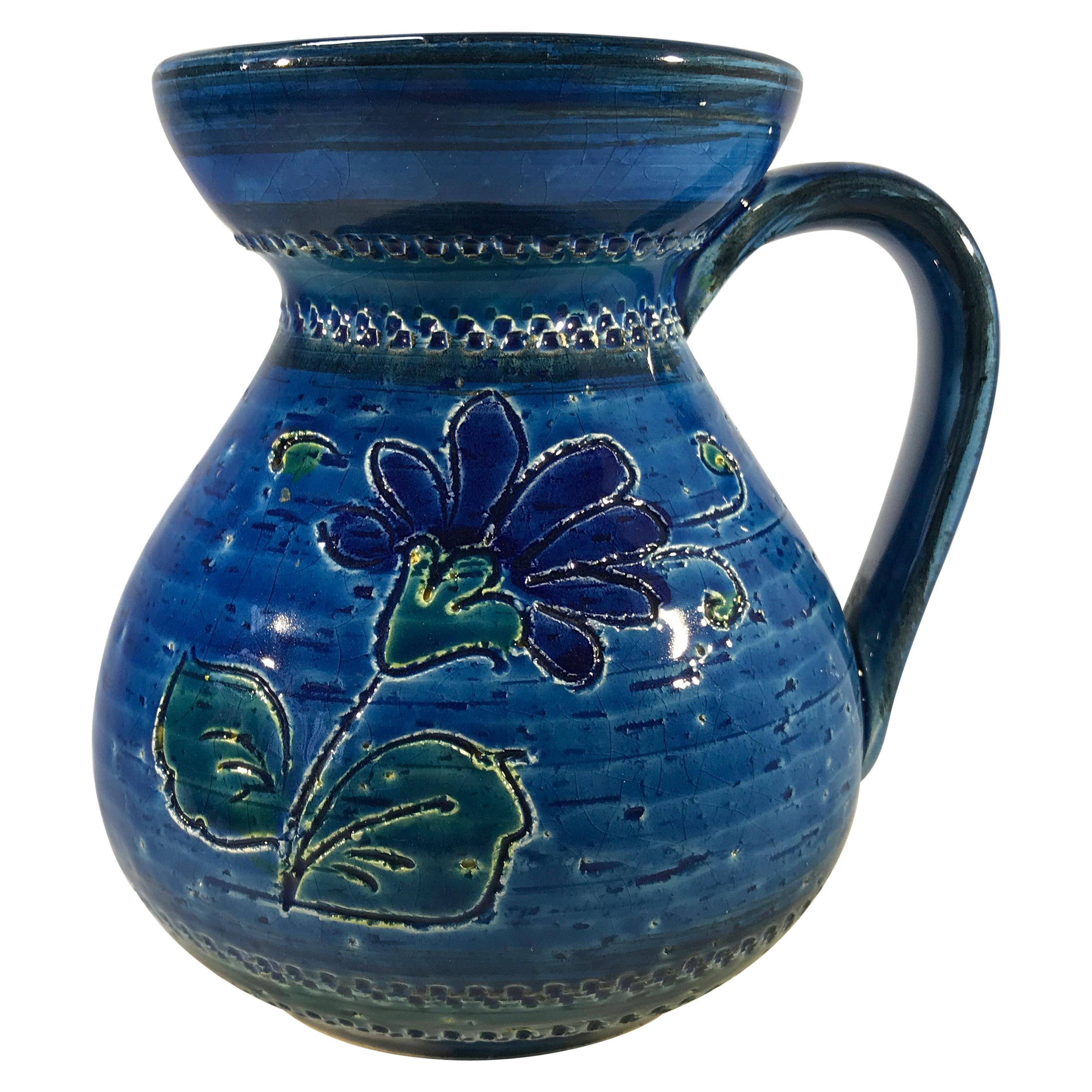 Aldo Londi Bitossi, Midcentury Rimini Blue Ceramic Candleholder Incised Floral For Sale