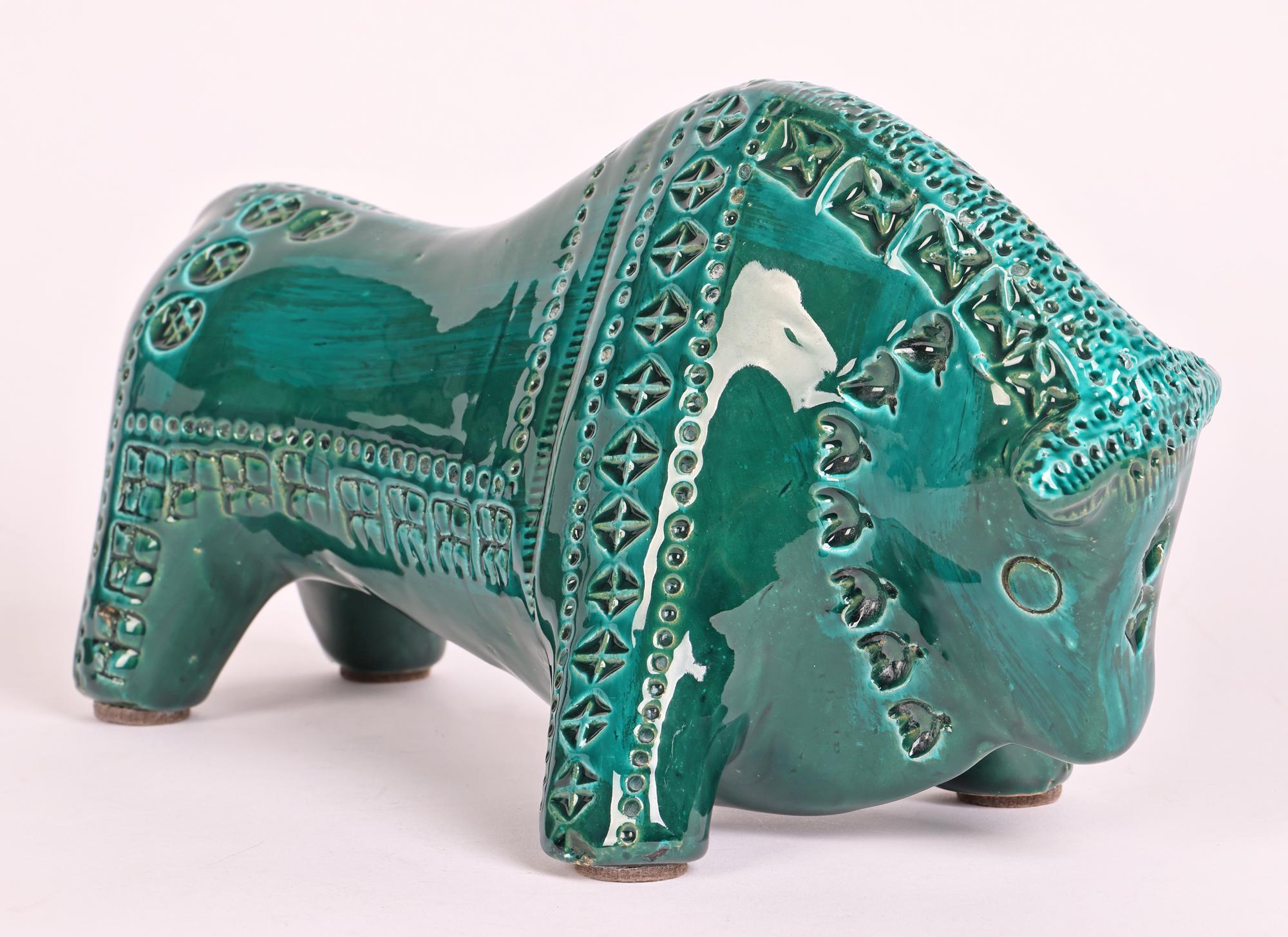 Aldo Londi Bitossi Mid-Century Turquoise Green Glazed Pottery Bull Figure 2