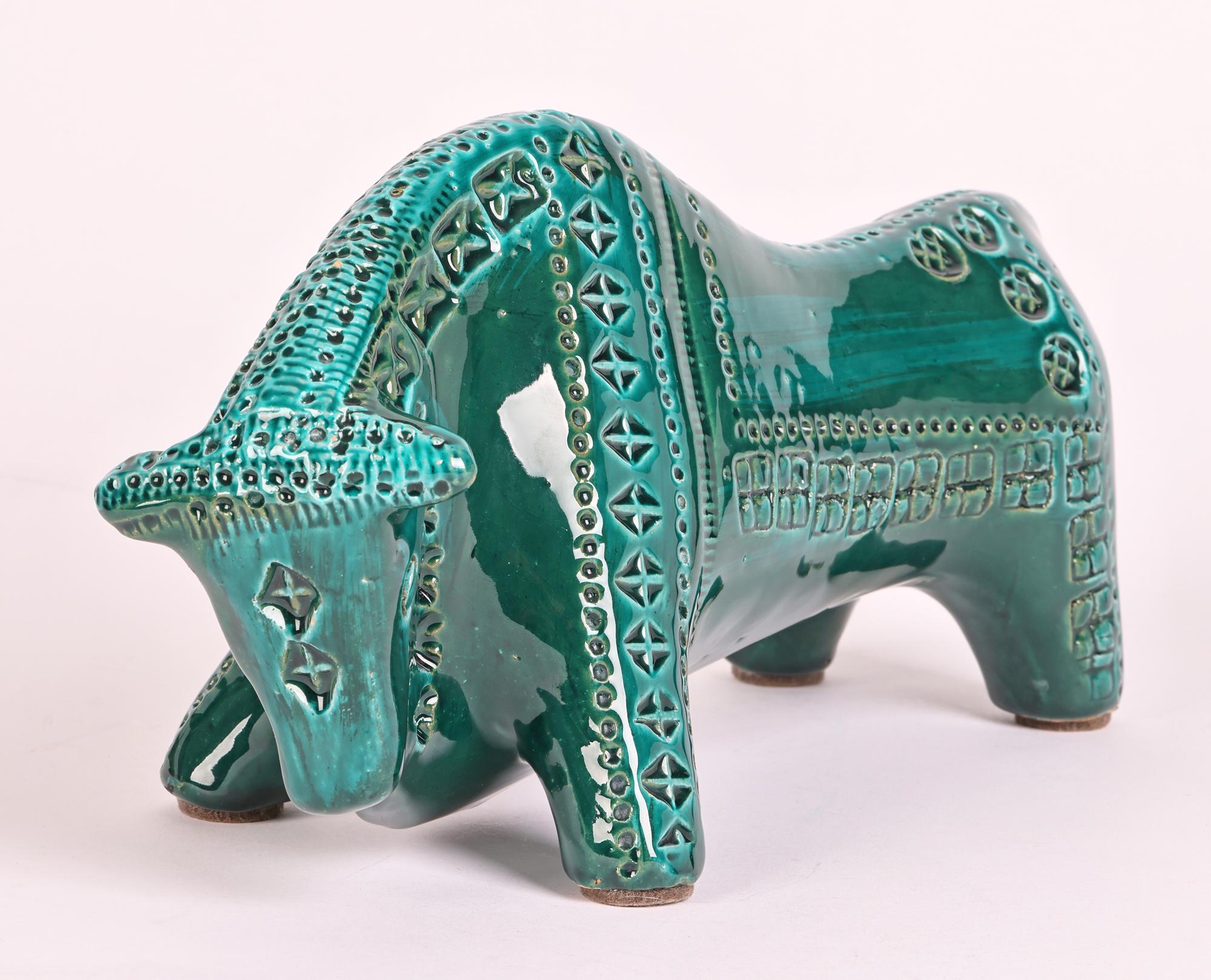Aldo Londi Bitossi Mid-Century Turquoise Green Glazed Pottery Bull Figure 5