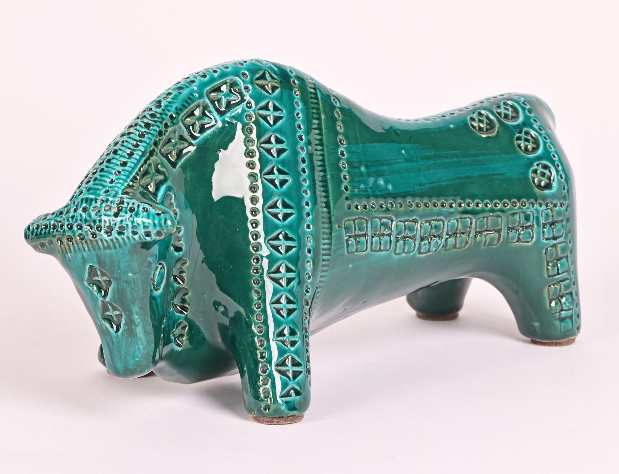 Aldo Londi Bitossi Mid-Century Turquoise Green Glazed Pottery Bull Figure 8