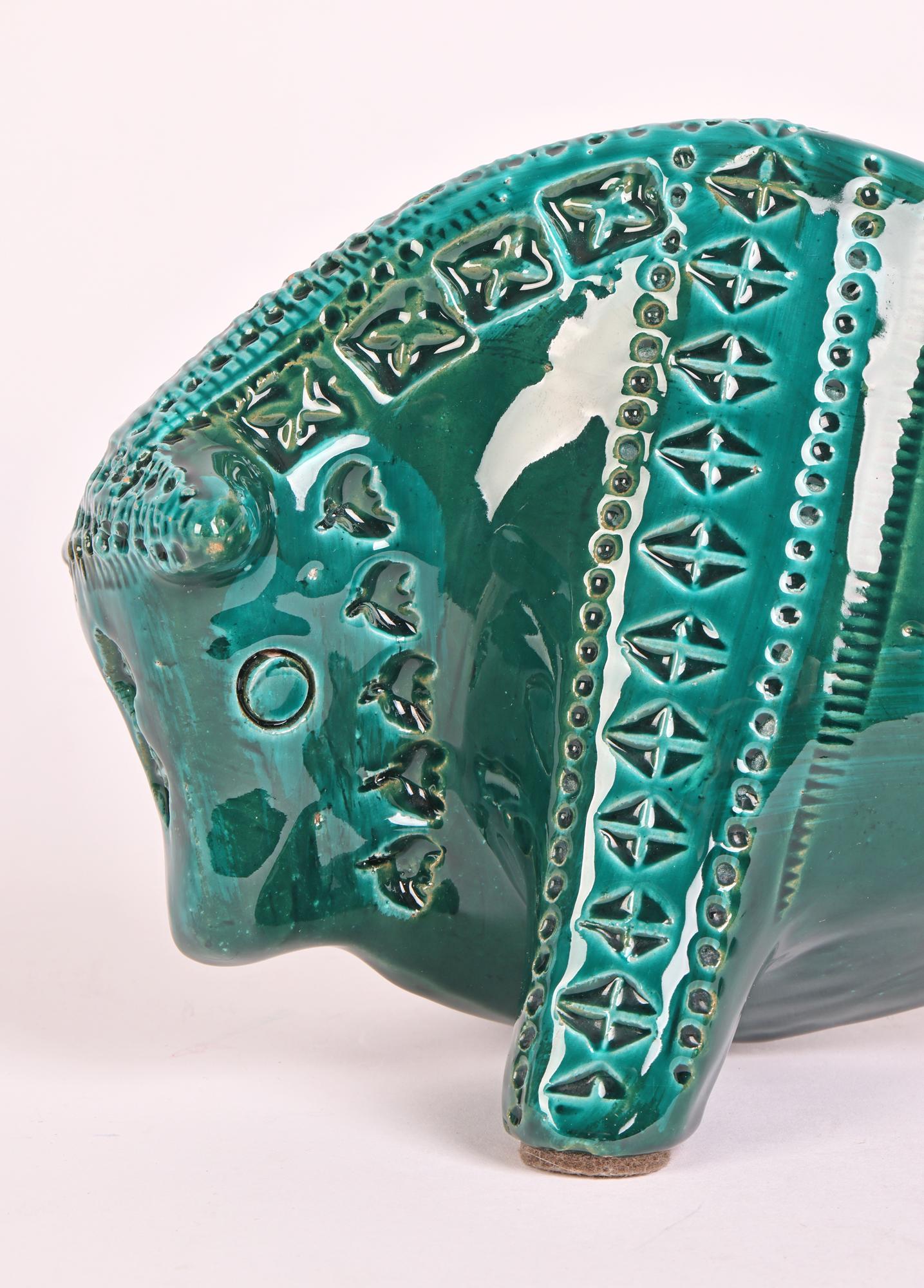 Mid-20th Century Aldo Londi Bitossi Mid-Century Turquoise Green Glazed Pottery Bull Figure