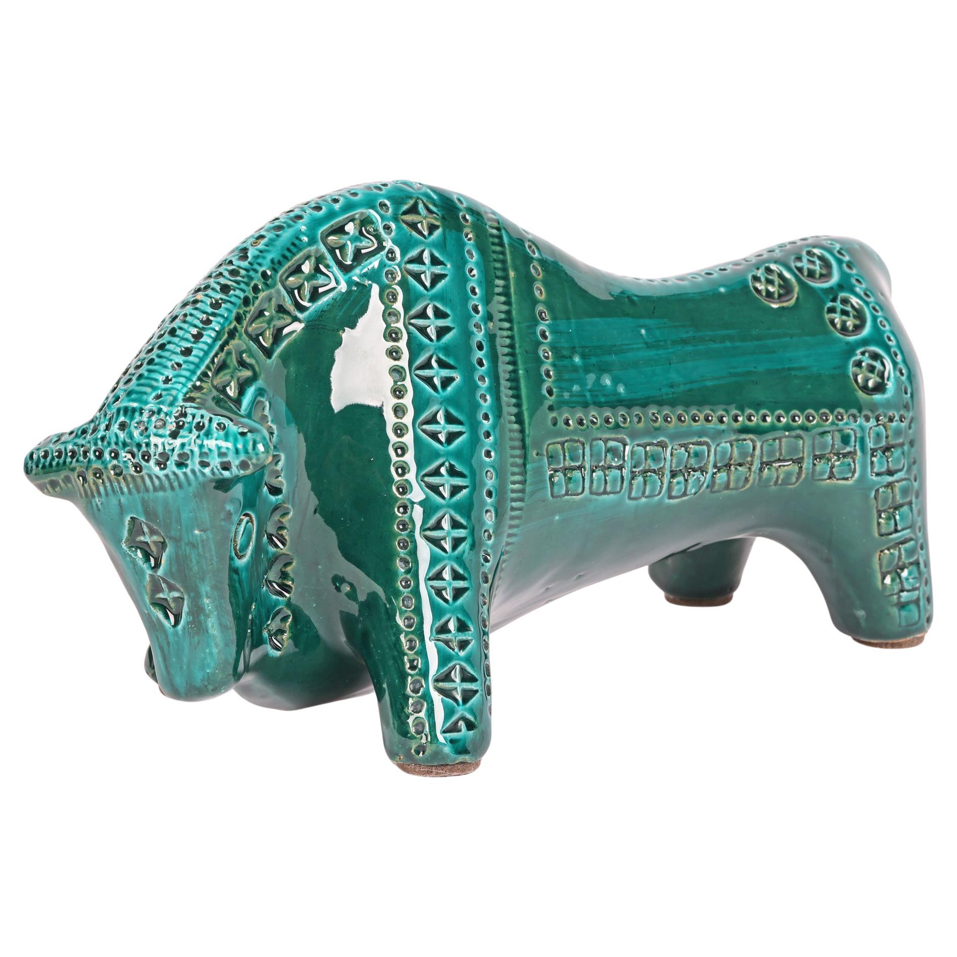Aldo Londi Bitossi Mid-Century Turquoise Green Glazed Pottery Bull Figure