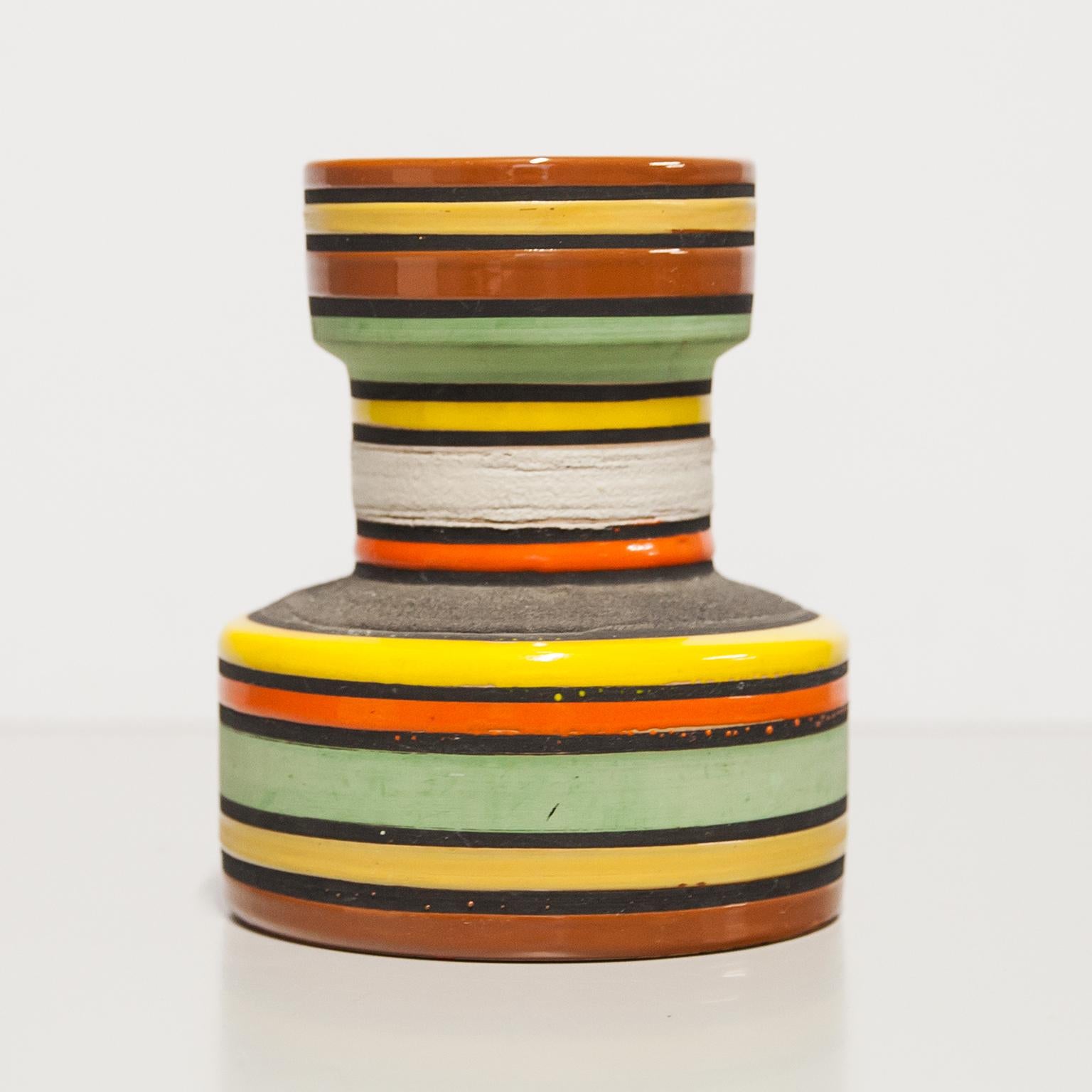 Bitossi vase, ceramic, stripes, orange, yellow, white. Medium scale vase, with modernist form, glazed in orange, matte white, chartreuse yellow, mint green, and caramel stripes. A fine example from Aldo Londi’s Thailandia Series, in good original