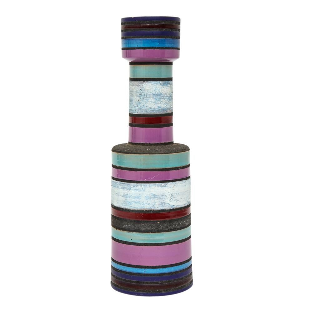 Aldo Londi Bitossi Raymor ceramic vase stripes pottery signed, Italy, 1960s, stoneware Cambogia vase in vibrant bands of turquoise, violet, light and dark blue and a textured black. Signed beneath the glaze on the underside: 1390 A