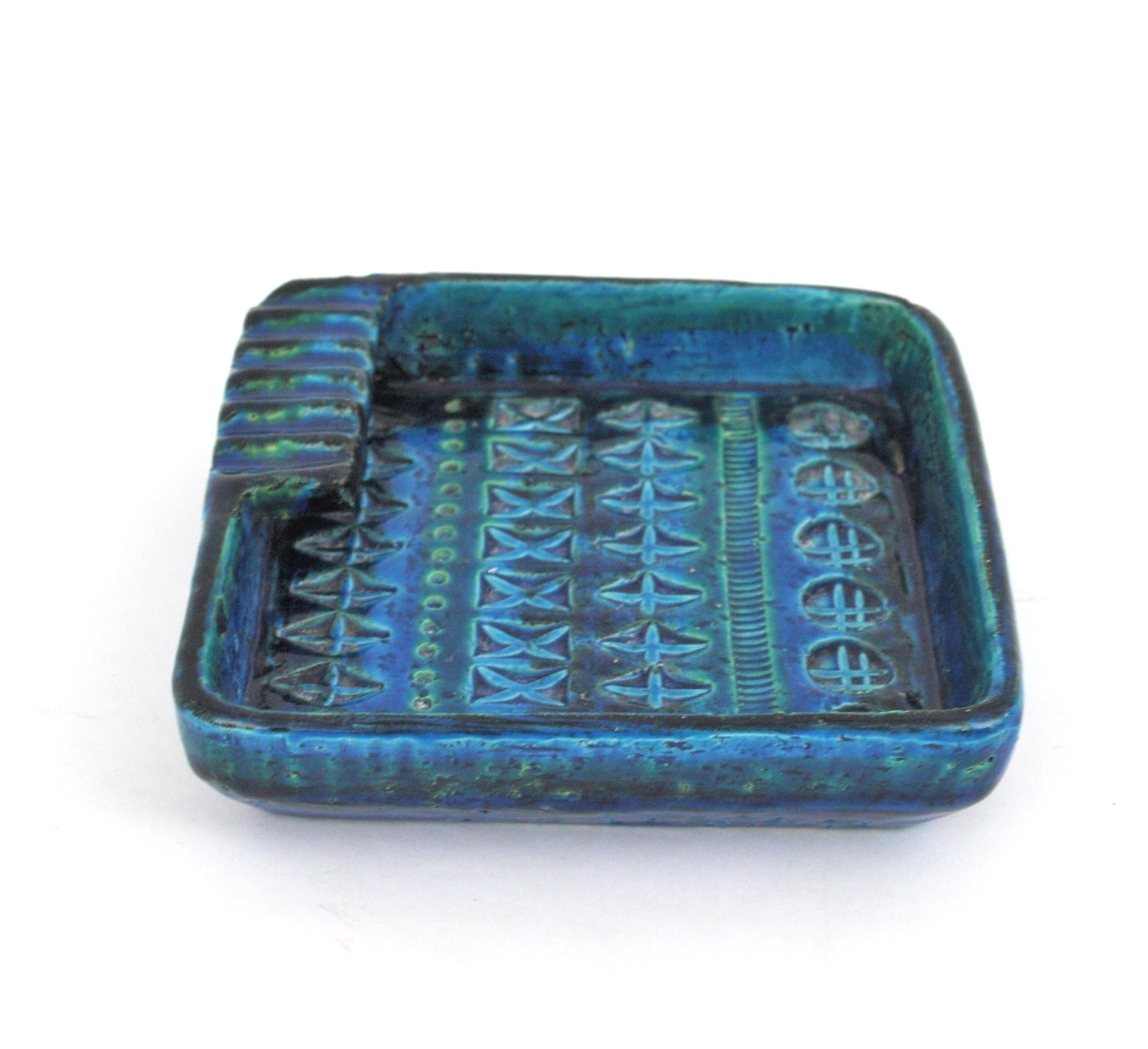 Quadratischer Aschenbecher aus Keramik von Aldo Londi Bitossi Rimini Blu, Italien 1950er Jahre (Glasiert) im Angebot