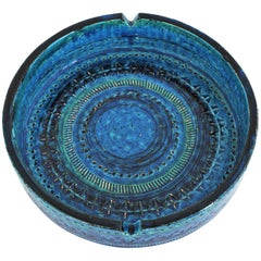 Vintage Aldo Londi Bitossi Rimini Blu Glazed Ceramic Large Circular Ashtray, Italy 1960s