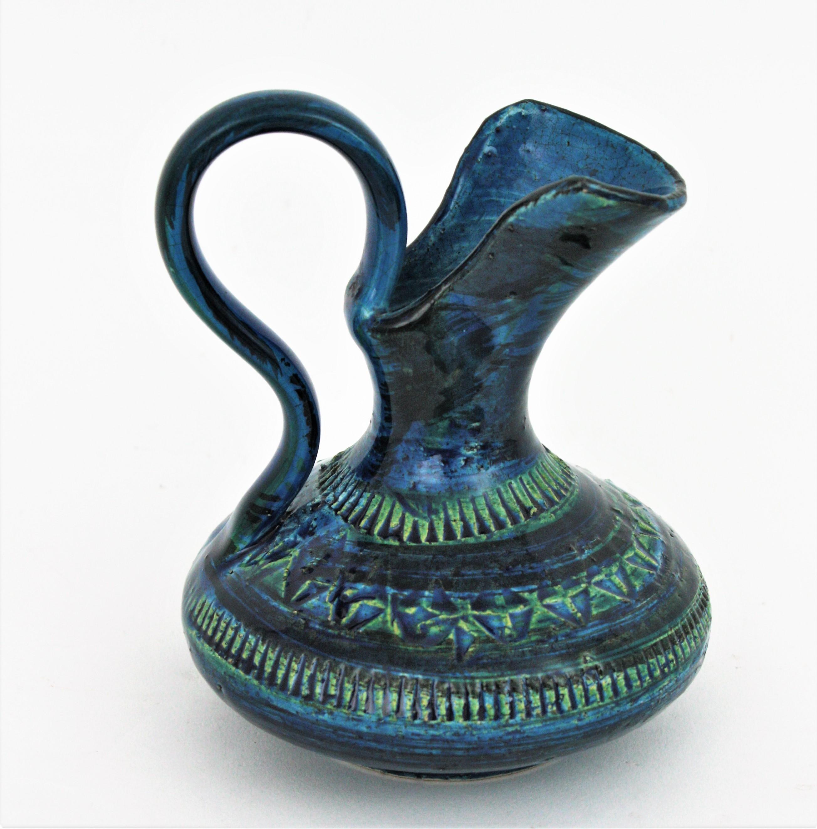 Italian Aldo Londi Bitossi Rimini Blue Glazed Ceramic Jug Vase