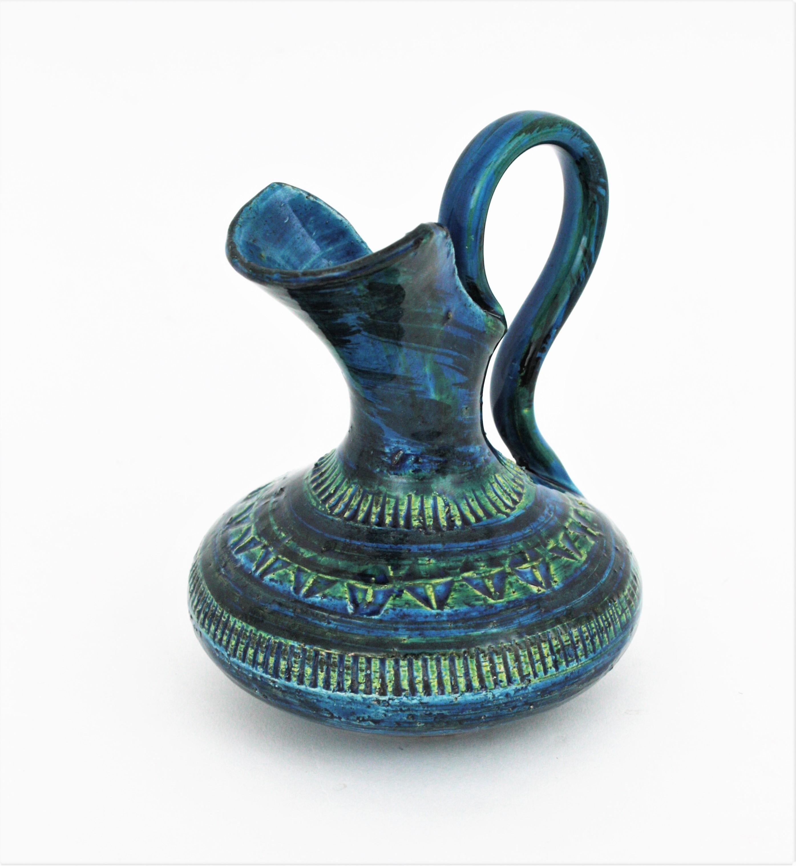20th Century Aldo Londi Bitossi Rimini Blue Glazed Ceramic Jug Vase