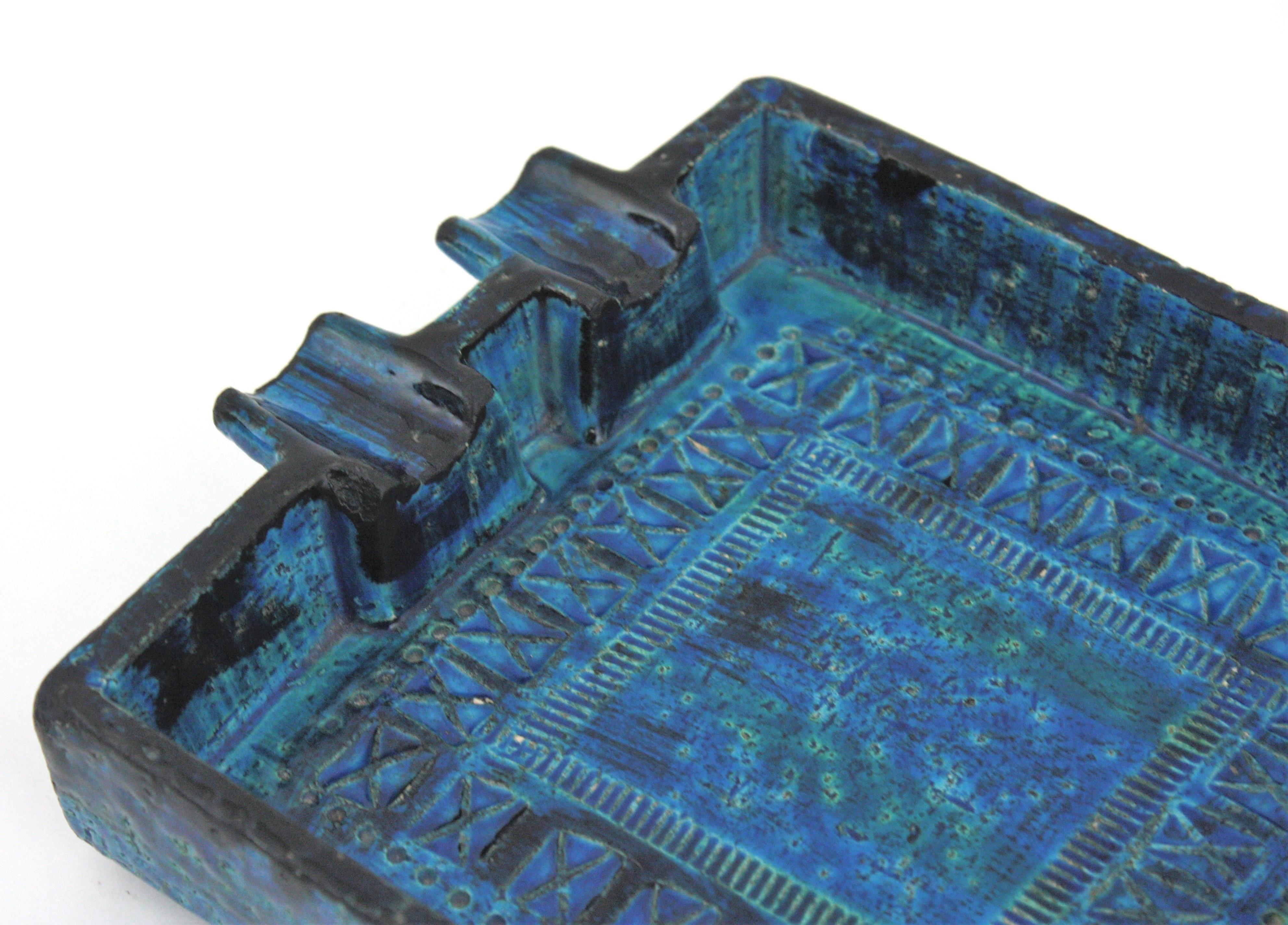 Aldo Londi Bitossi Grand cendrier carré en céramique émaillée bleue en vente 2