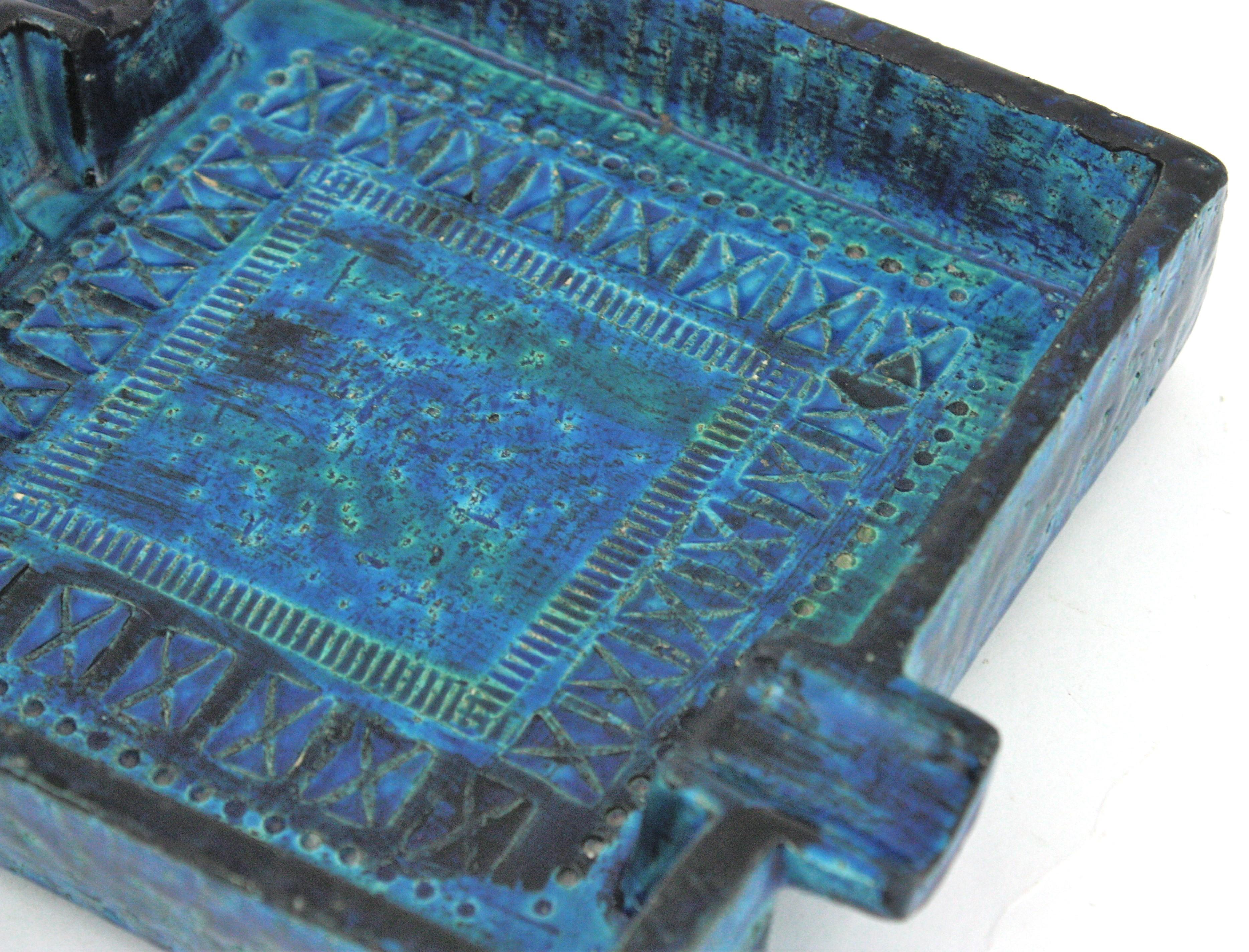 Aldo Londi Bitossi Grand cendrier carré en céramique émaillée bleue en vente 3