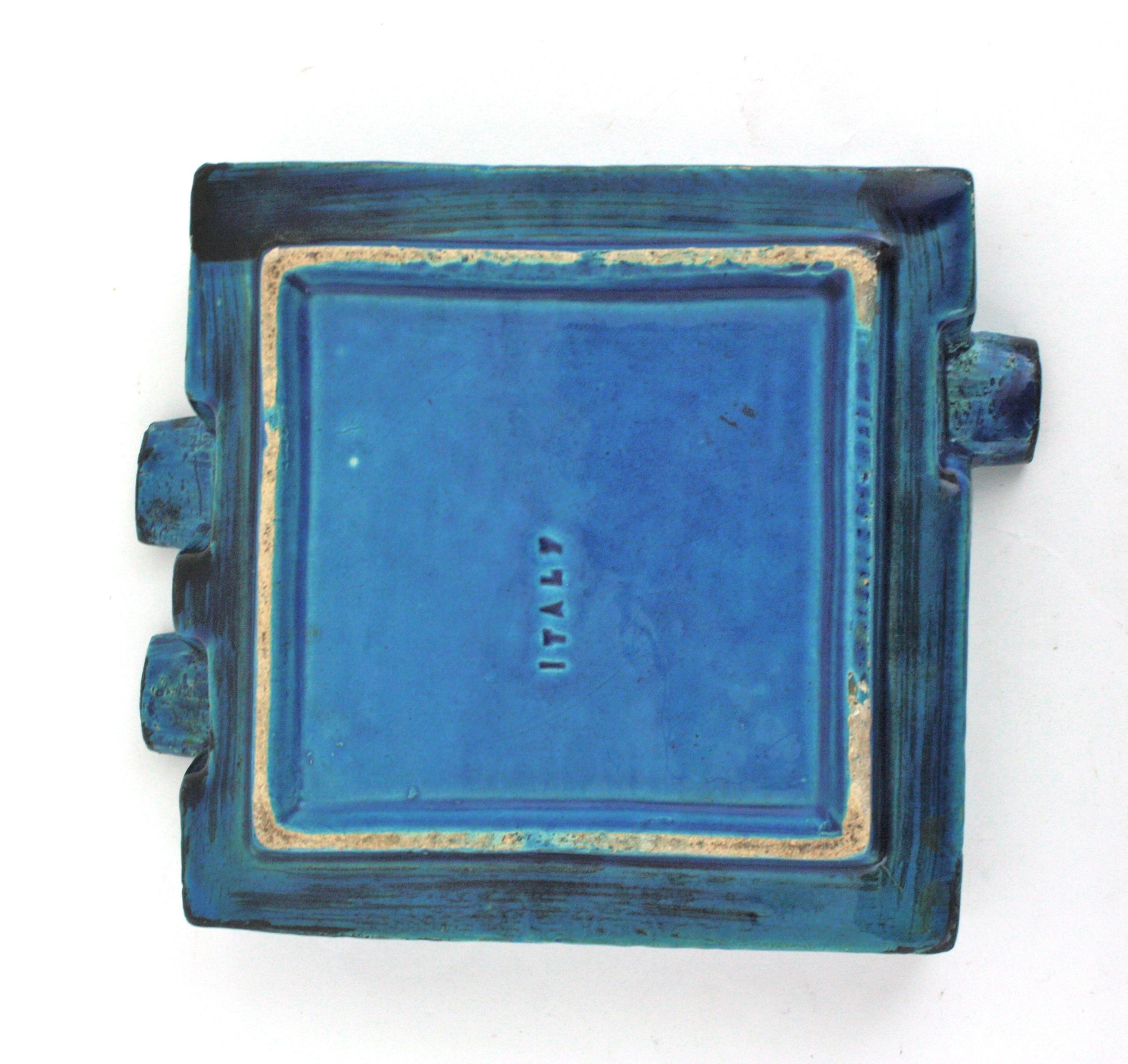 Aldo Londi Bitossi Grand cendrier carré en céramique émaillée bleue en vente 4