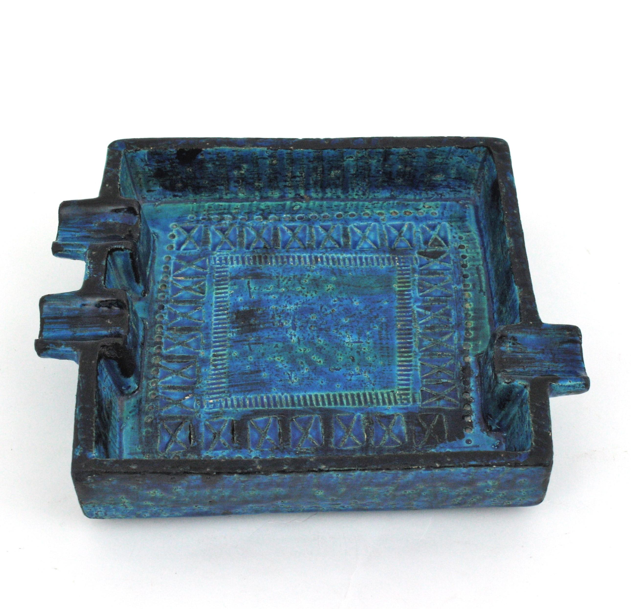 Italian Aldo Londi Bitossi Rimini Blue Glazed Ceramic Large Square Ashtray For Sale