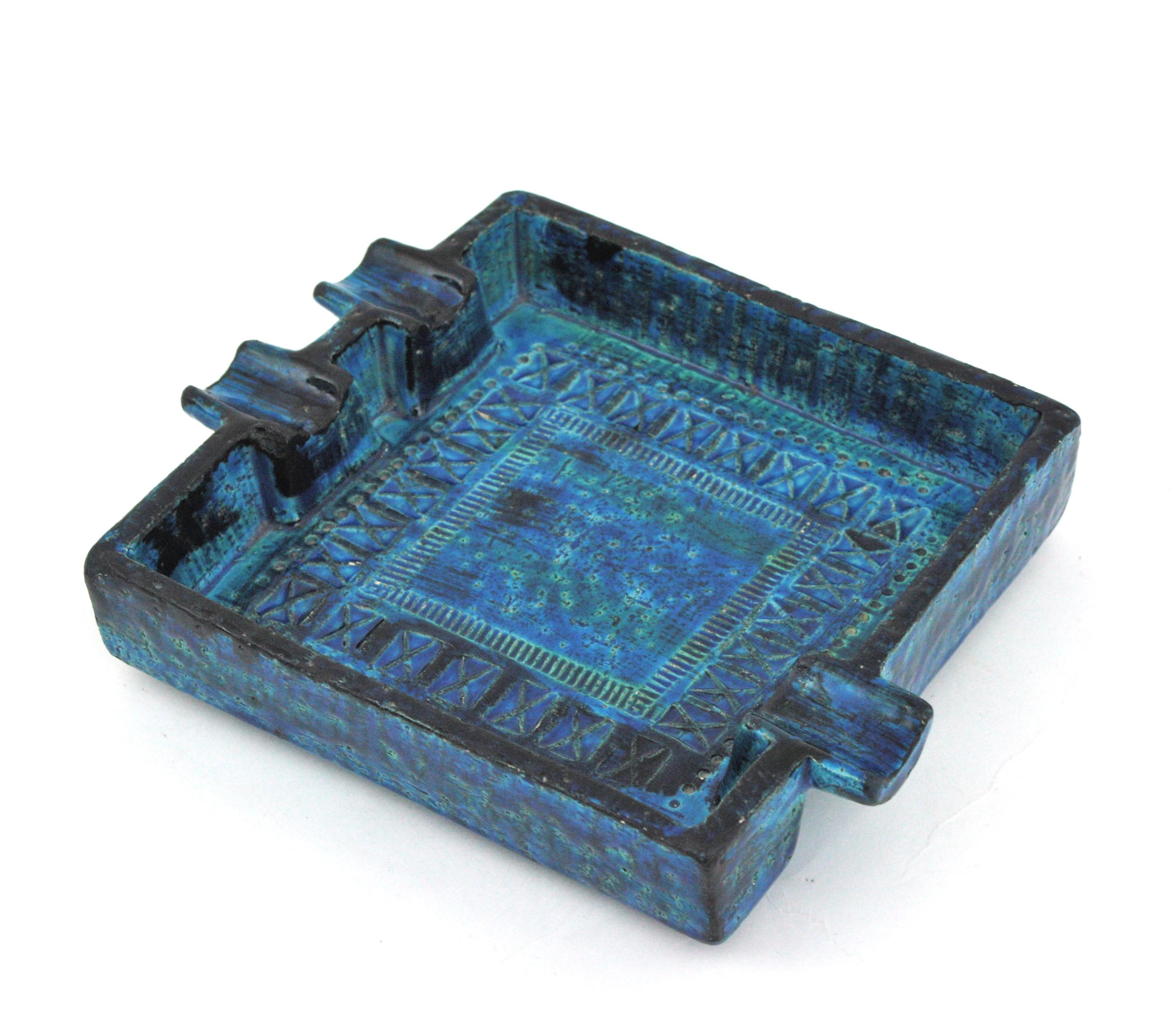 Aldo Londi Bitossi Rimini Blue Glazed Ceramic Large Square Ashtray For Sale 3
