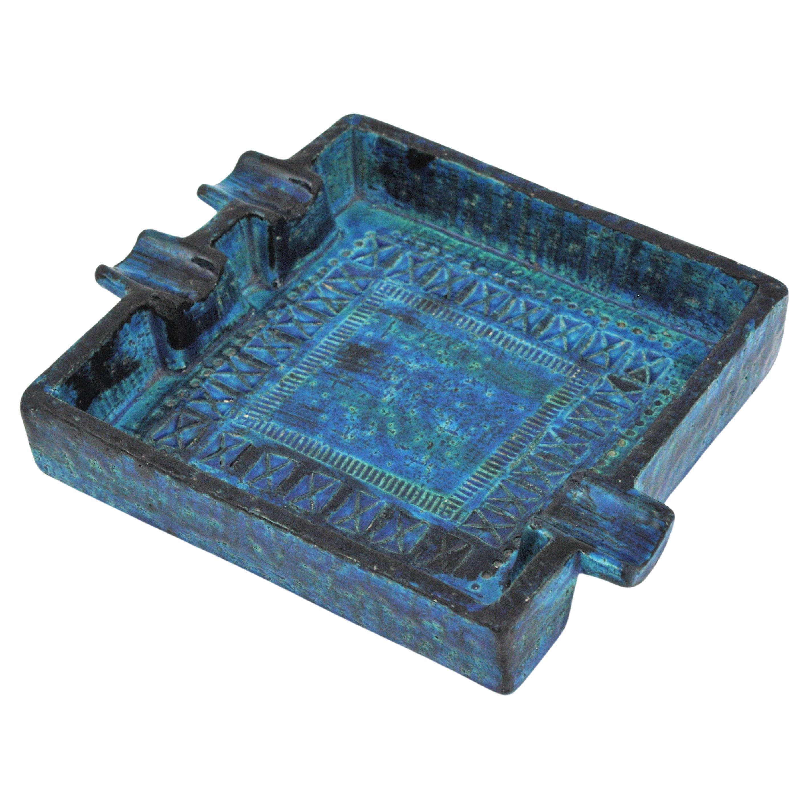 Großer quadratischer Aschenbecher aus blau glasierter Keramik von Aldo Londi Bitossi Rimini
