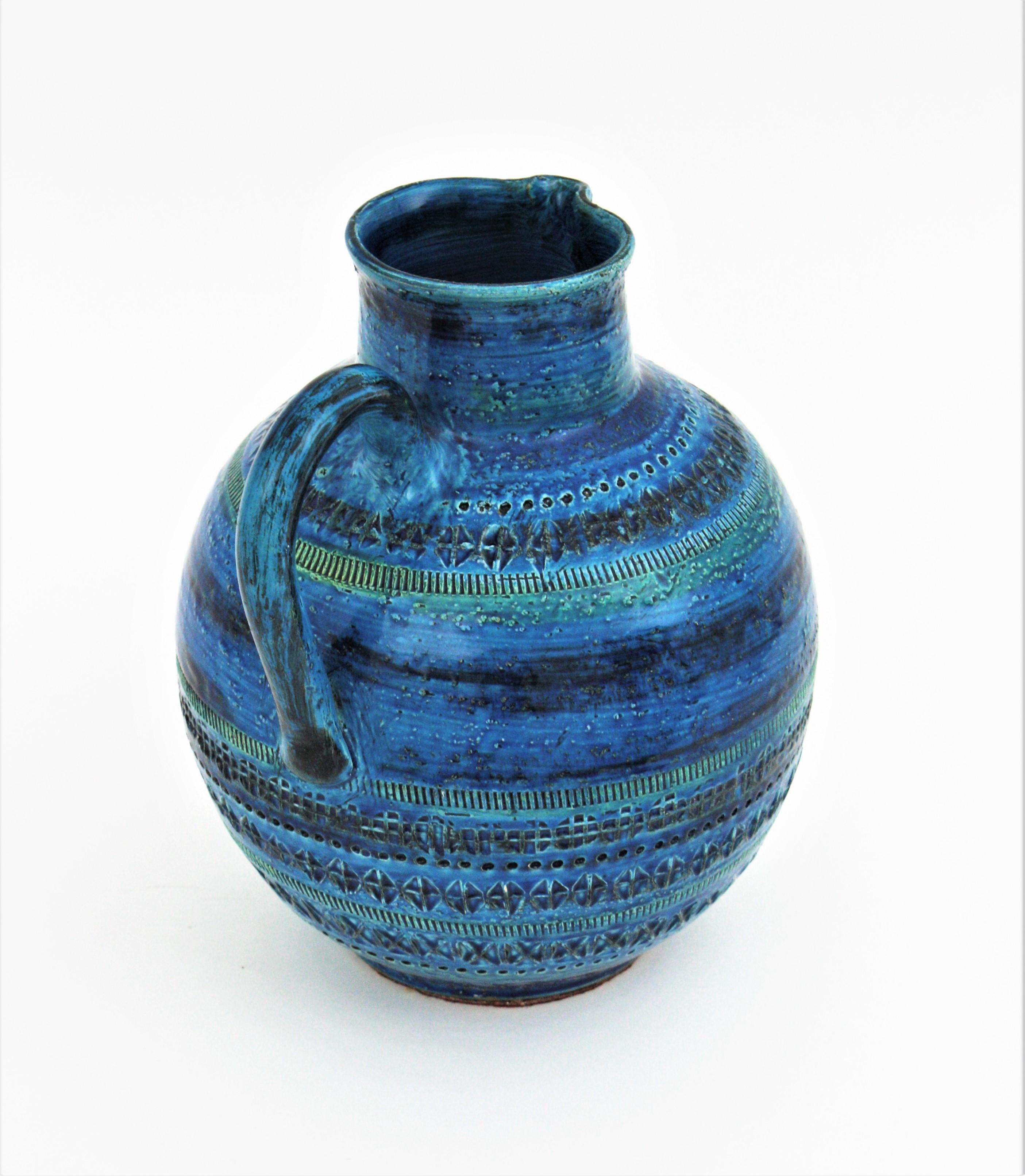 Blaues Rimini-Blau von Aldo Londi Bitossi  Glasierte Keramik XL Krug Vase im Angebot 4