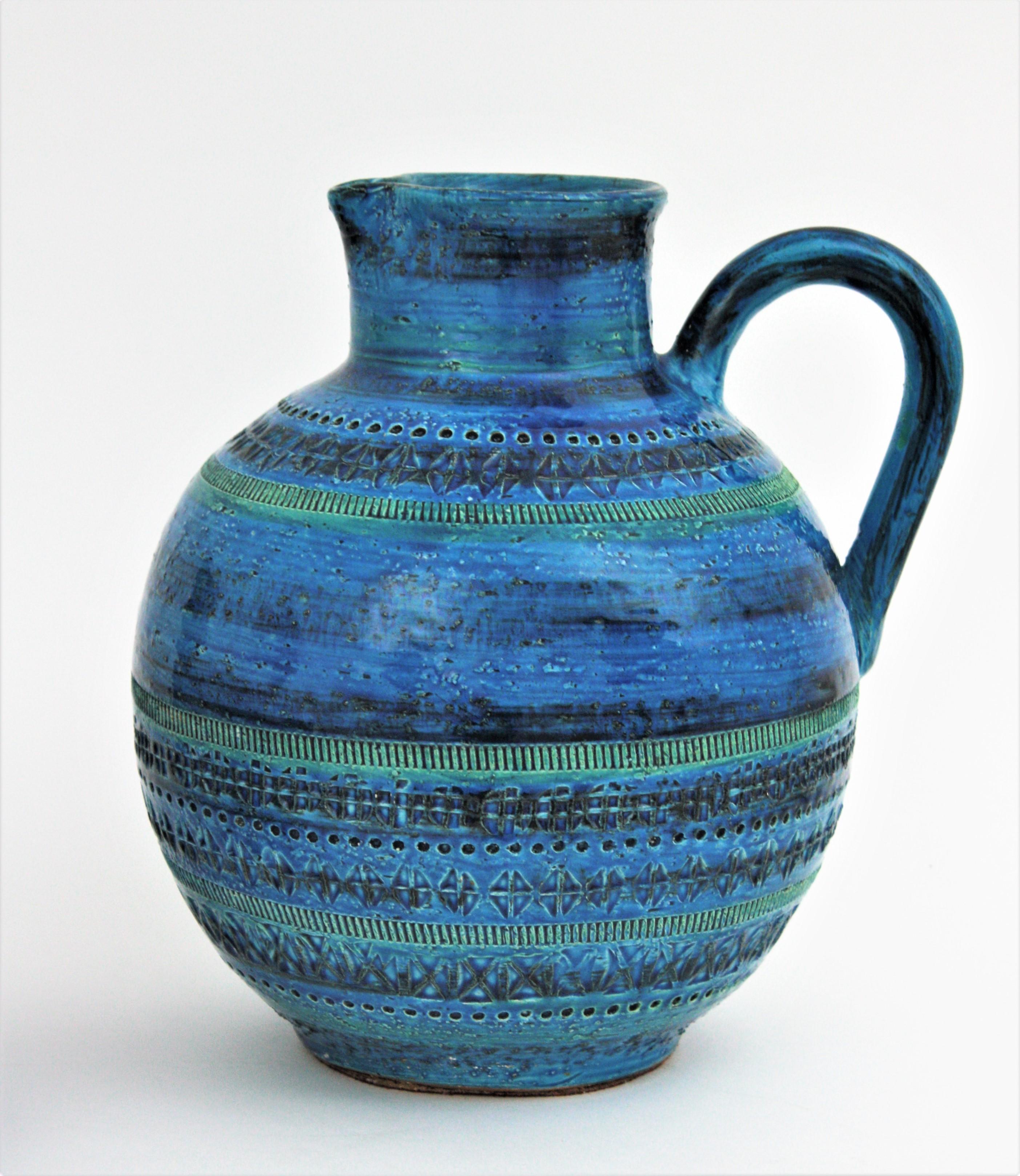 italien Aldo Londi Bitossi Rimini bleu  Vase en céramique émaillée XL Jug Vase en vente