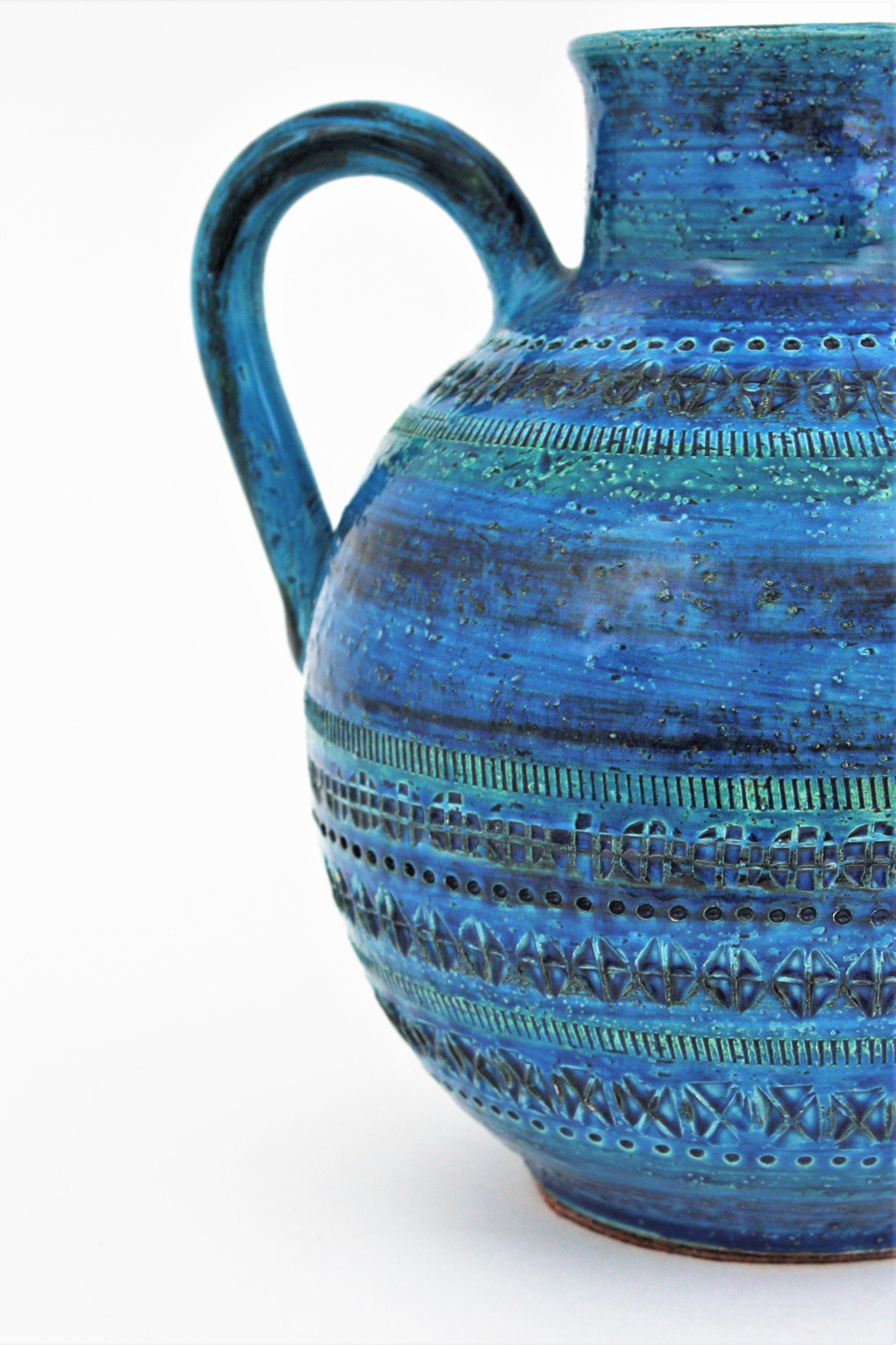 Vernissé Aldo Londi Bitossi Rimini bleu  Vase en céramique émaillée XL Jug Vase en vente