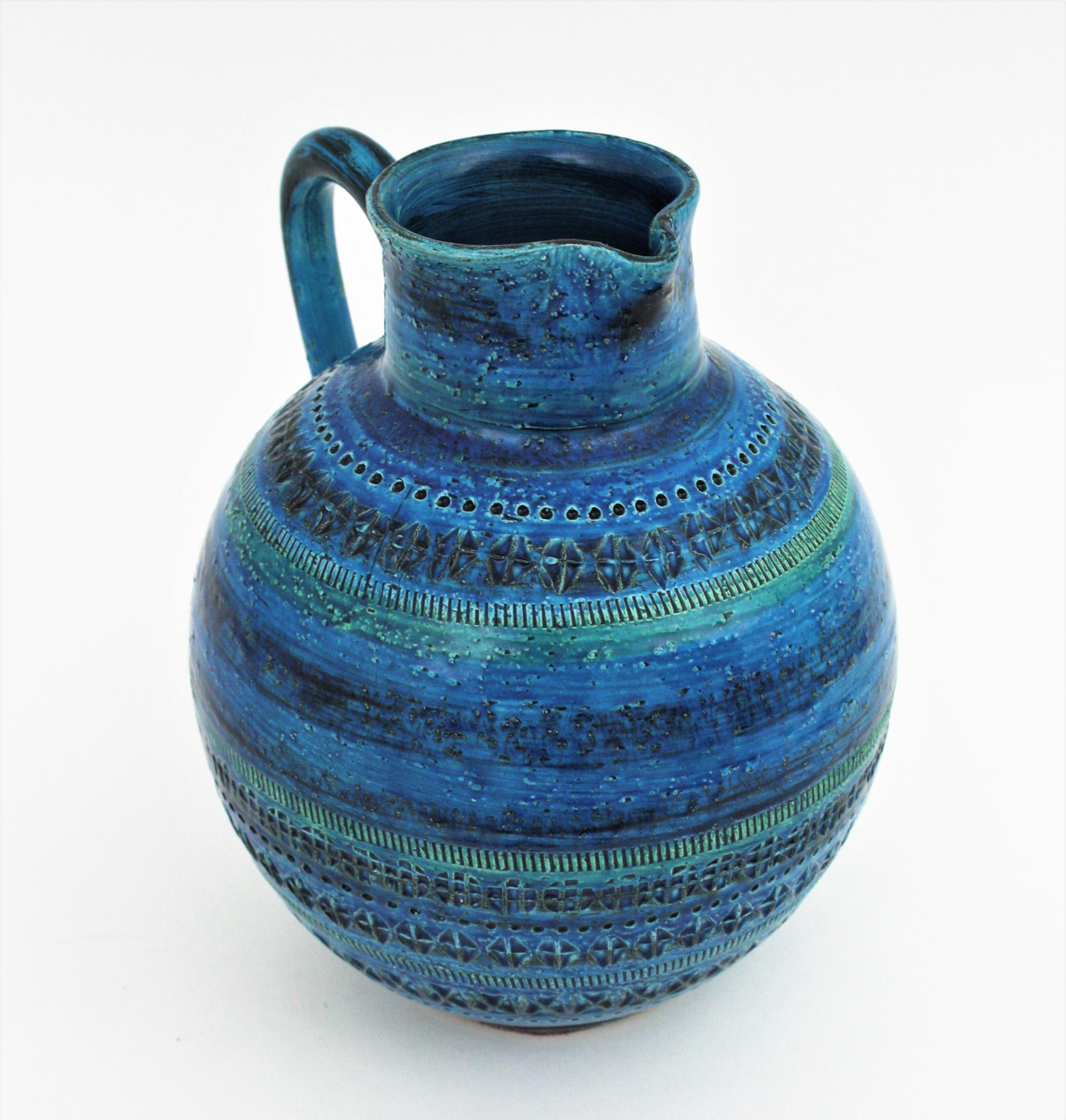 20th Century Aldo Londi Bitossi Rimini Blue  Glazed Ceramic XL Jug Vase For Sale