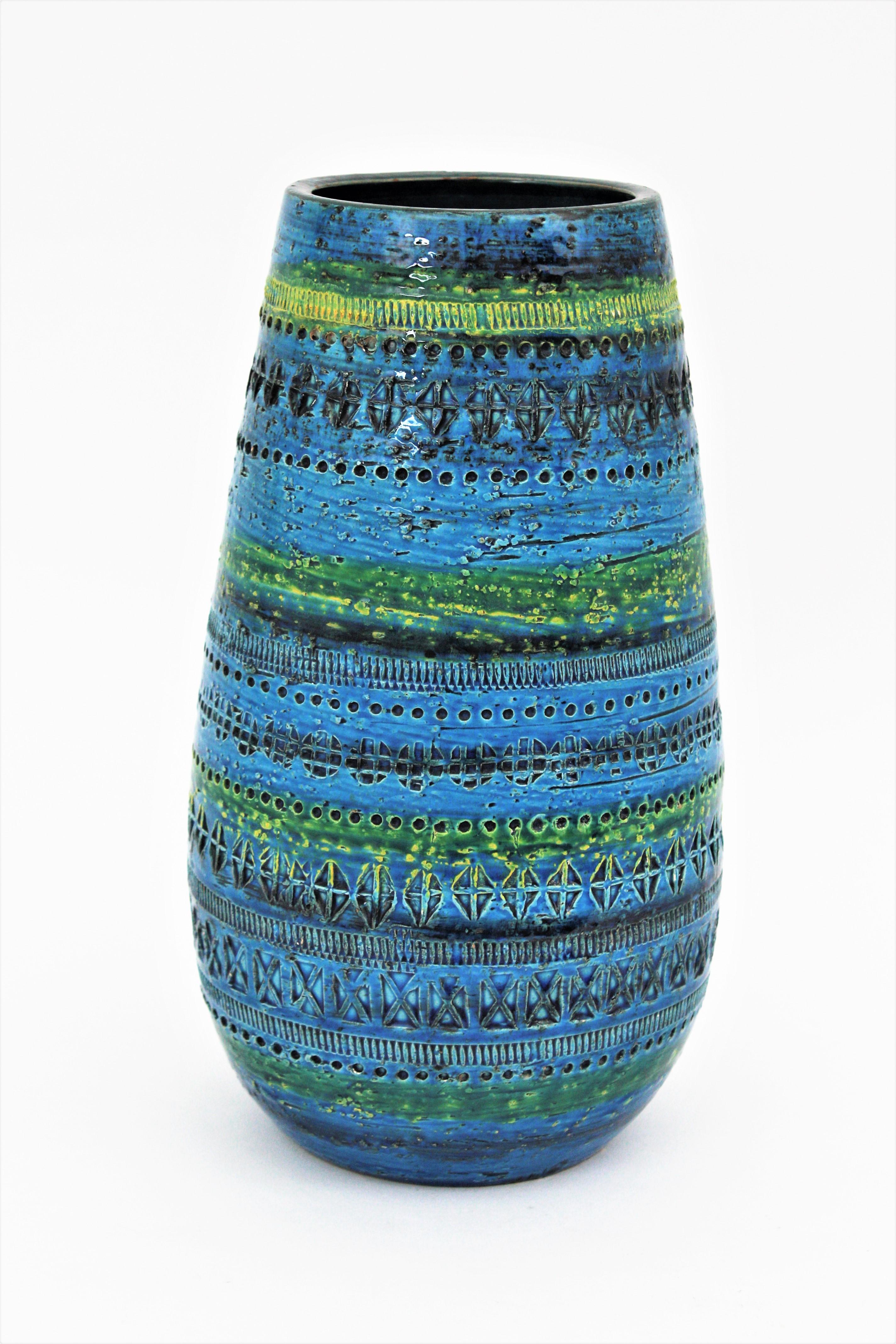 20th Century Aldo Londi Bitossi Rimini Blue Glazed Ceramic Ovoid Large Vase