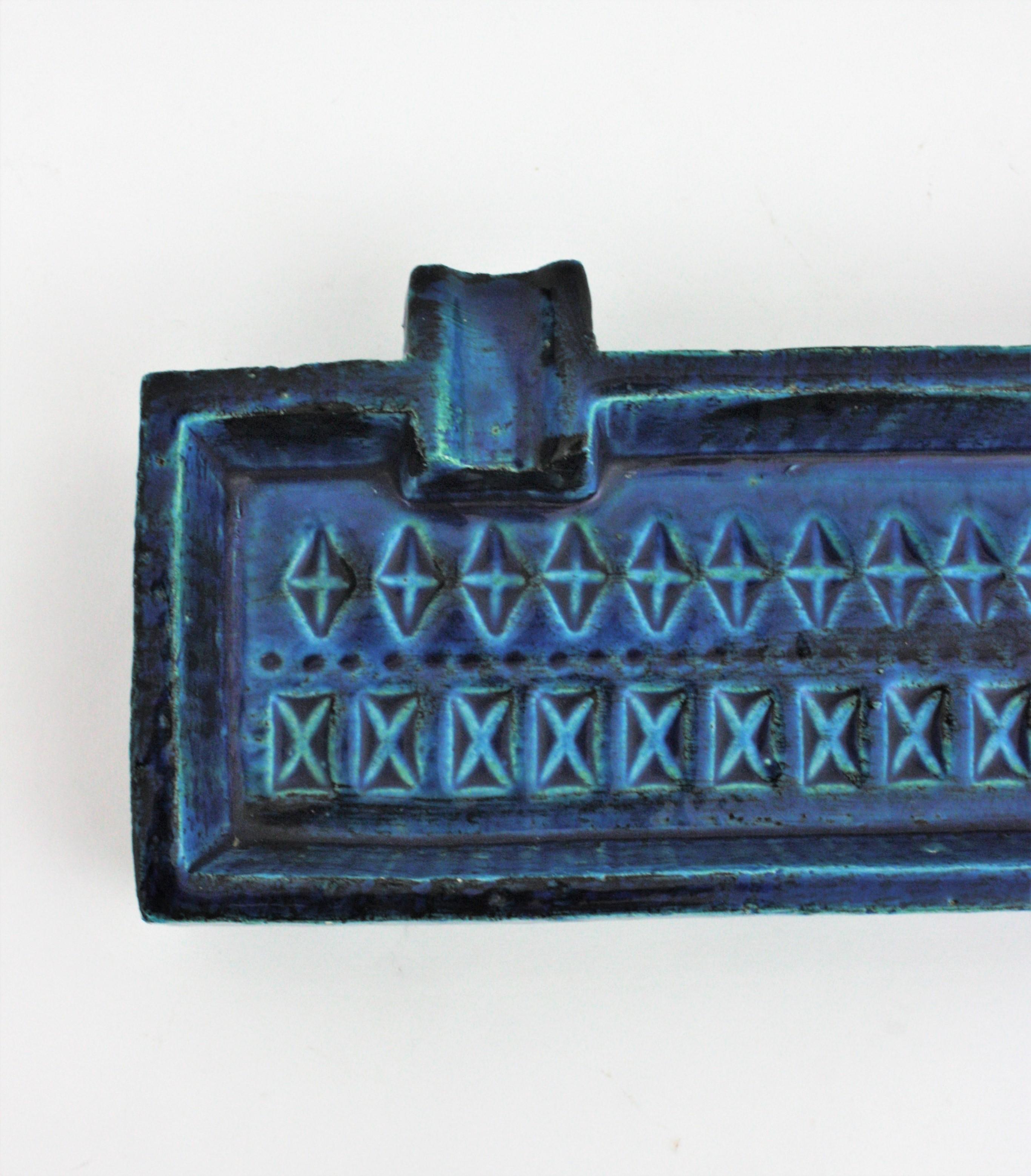 Aldo Londi Bitossi Rimini Blue Glazed Ceramic Rectangular Ashtray Empy Pocket For Sale 2