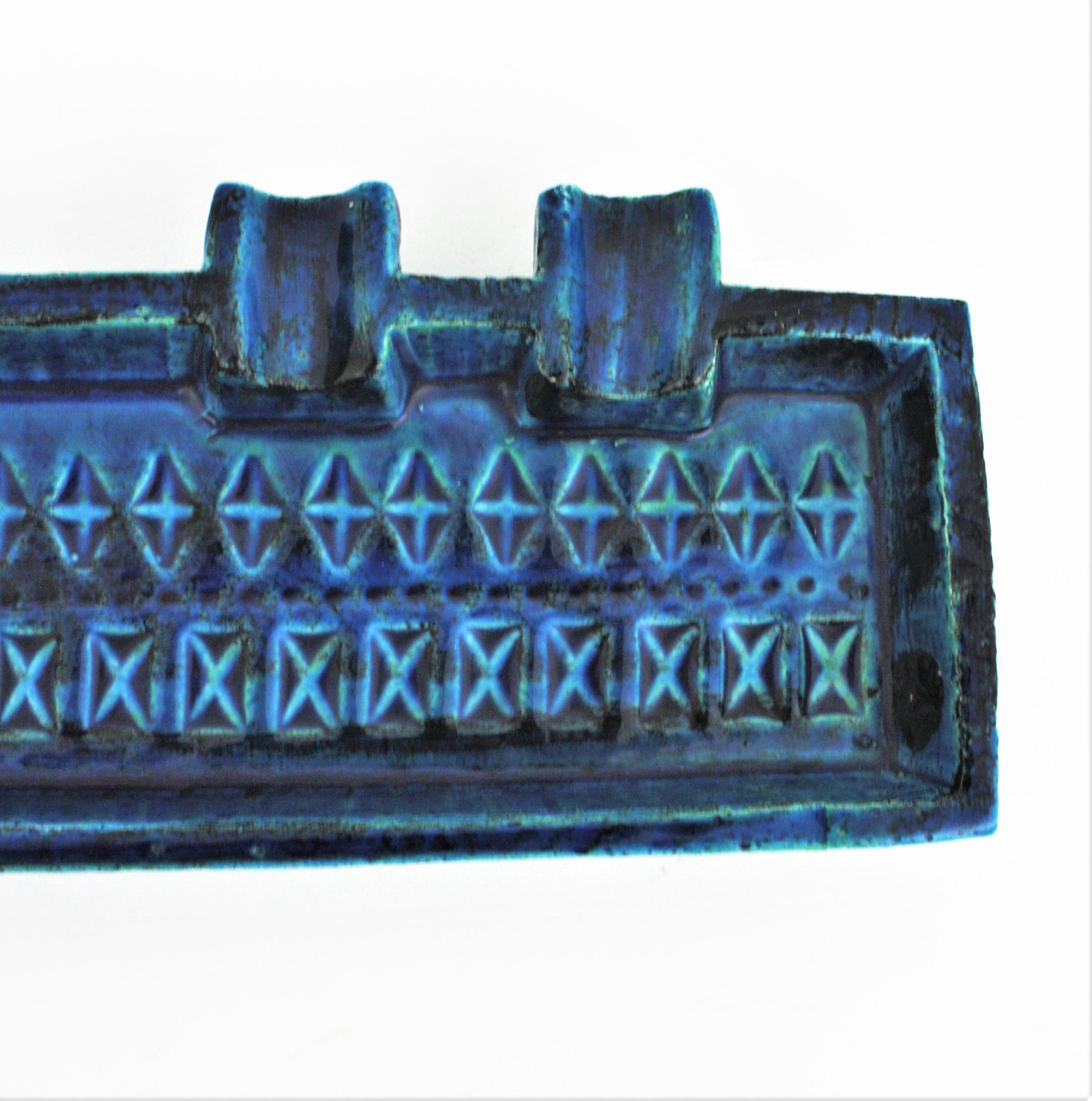 Aldo Londi Bitossi Rimini Blue Glazed Ceramic Rectangular Ashtray Empy Pocket For Sale 3