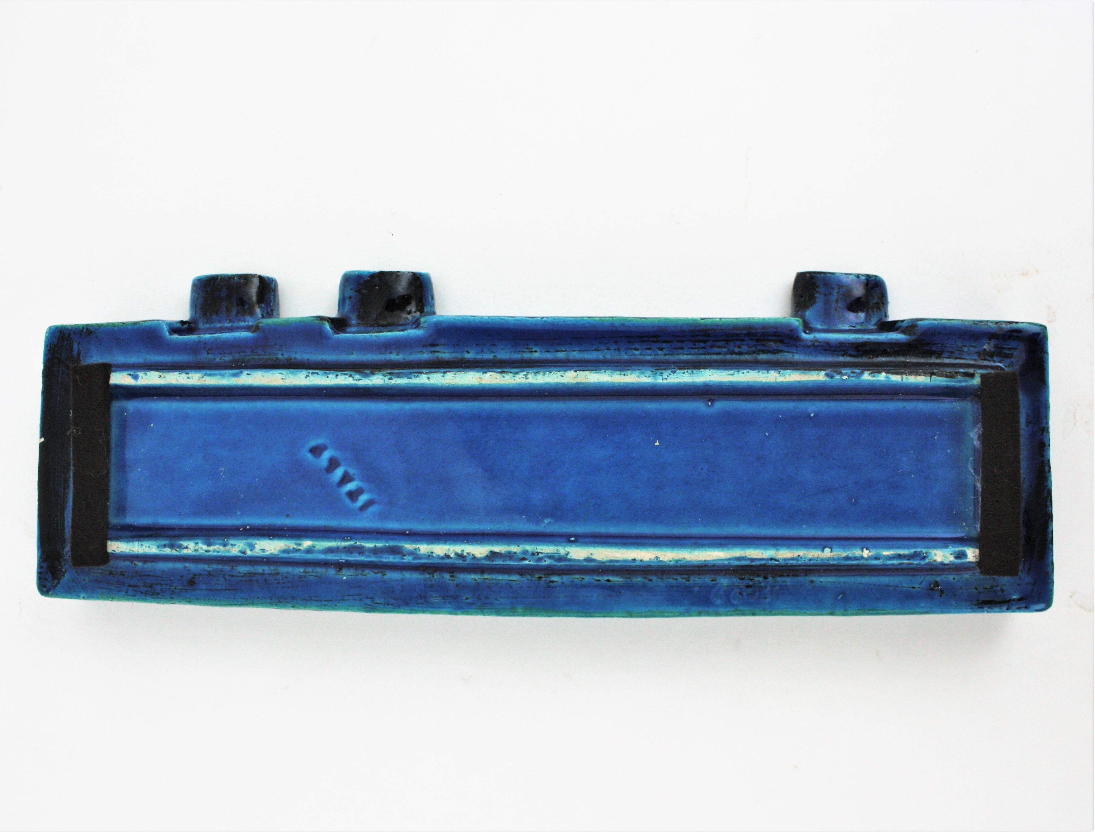 Aldo Londi Bitossi Rimini Blue Glazed Ceramic Rectangular Ashtray Empy Pocket For Sale 6