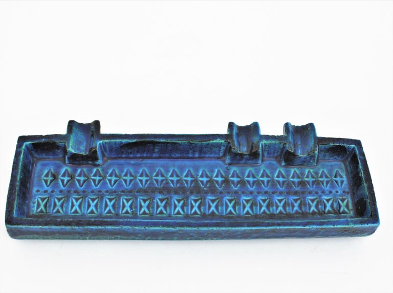 Italian Aldo Londi Bitossi Rimini Blue Glazed Ceramic Rectangular Ashtray Bowl For Sale