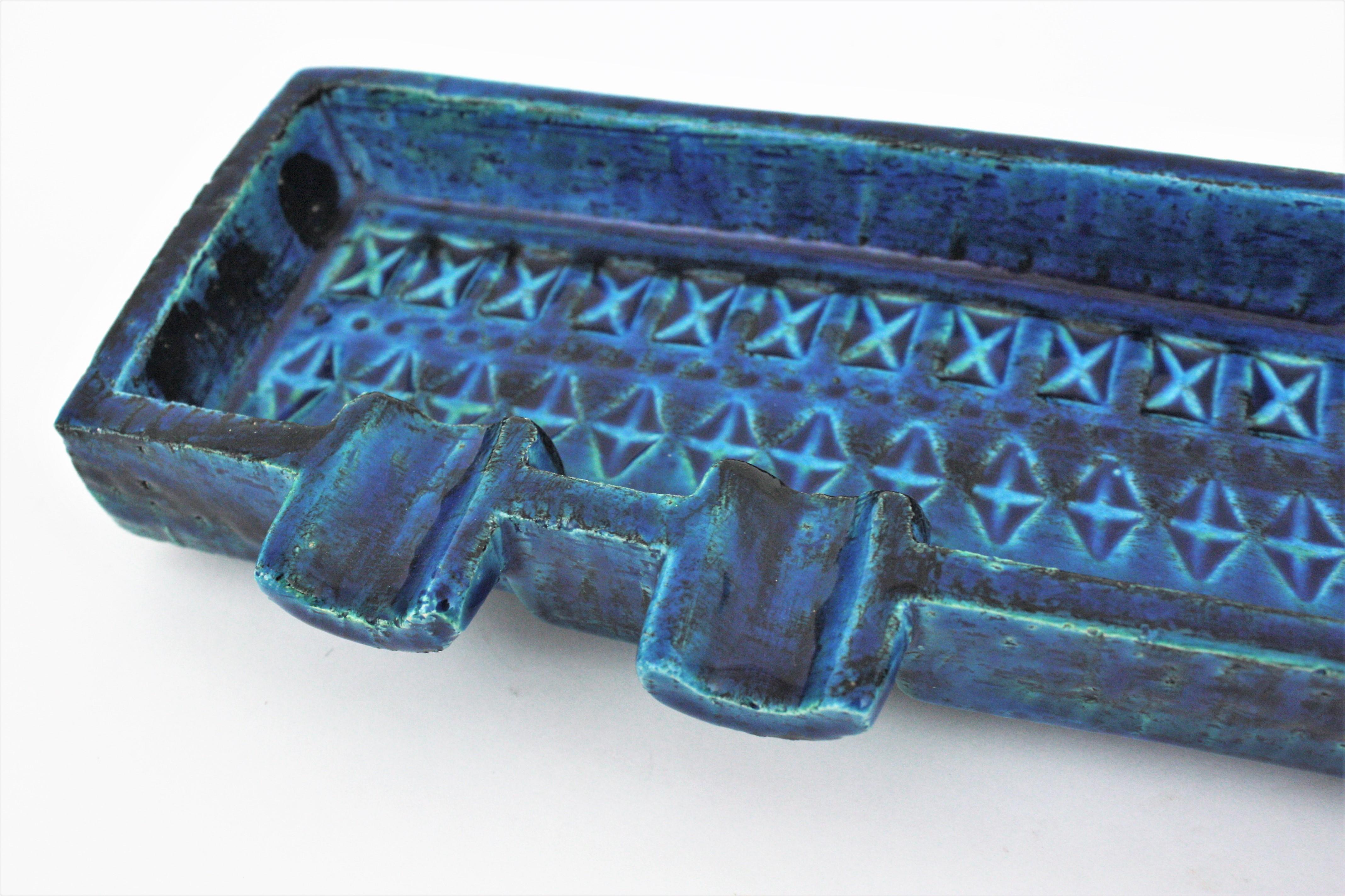 Hand-Crafted Aldo Londi Bitossi Rimini Blue Glazed Ceramic Rectangular Ashtray Empy Pocket For Sale