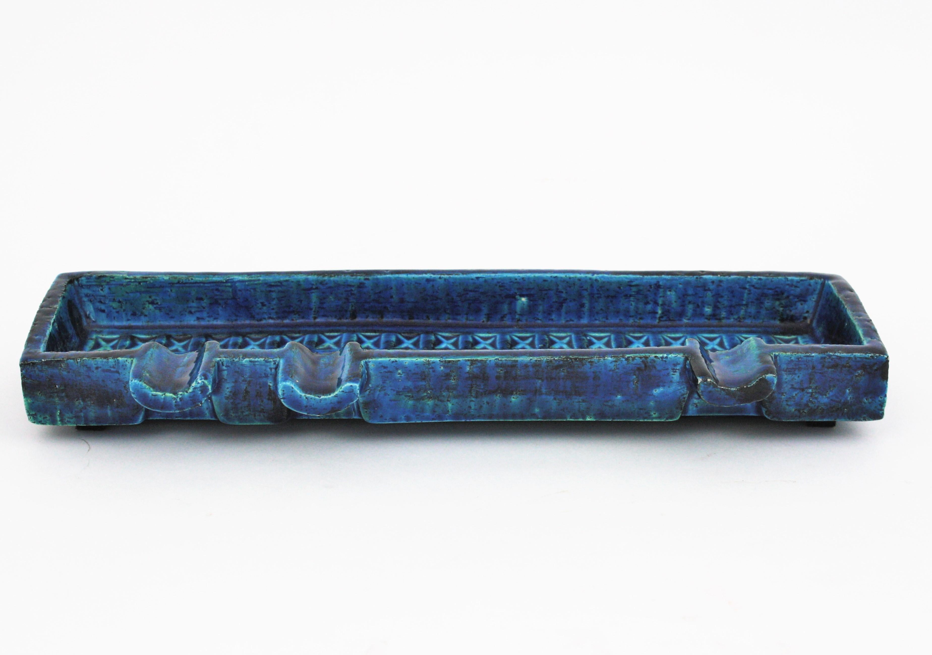 20th Century Aldo Londi Bitossi Rimini Blue Glazed Ceramic Rectangular Ashtray Empy Pocket For Sale