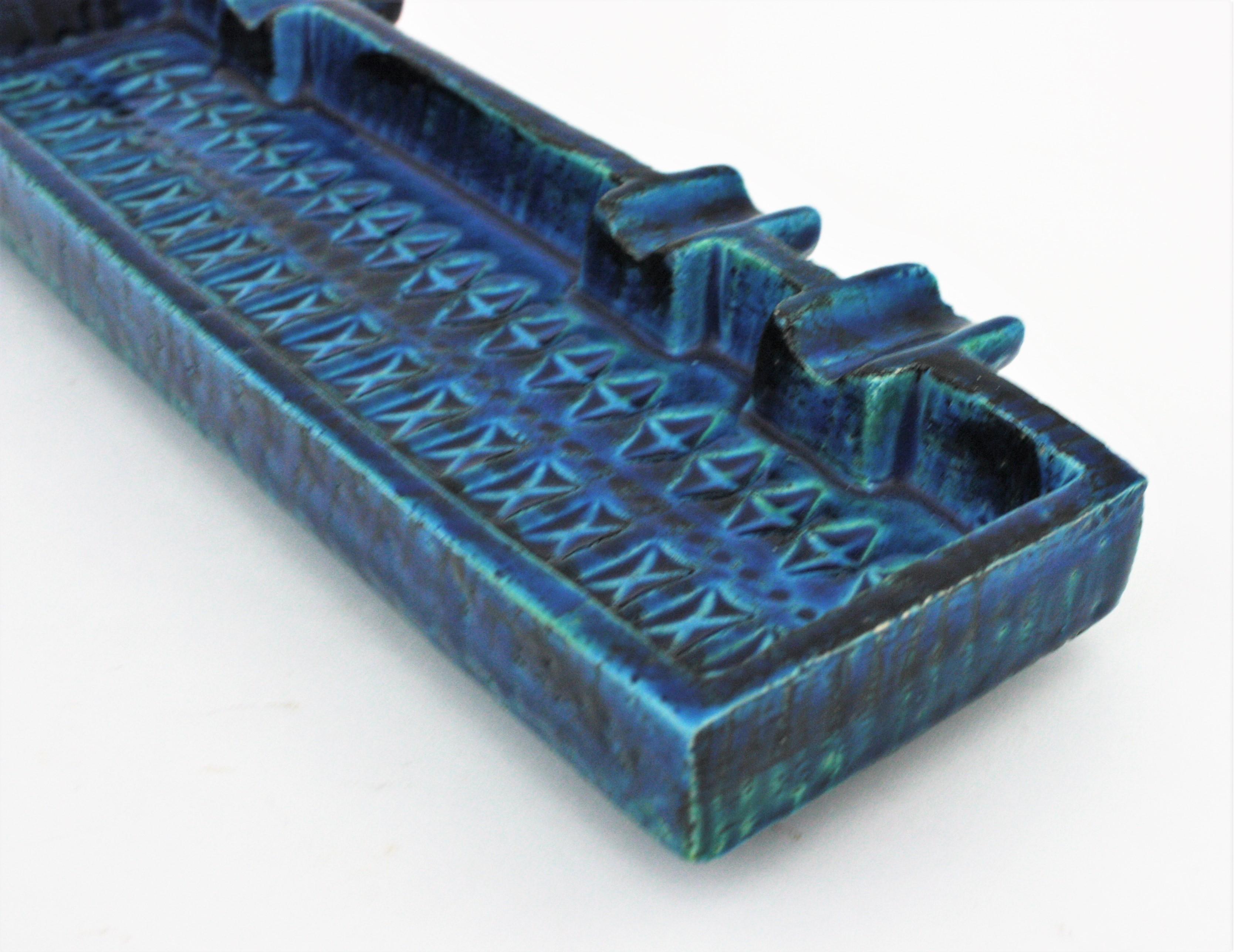 Aldo Londi Bitossi Rimini Blue Glazed Ceramic Rectangular Ashtray Empy Pocket For Sale 1