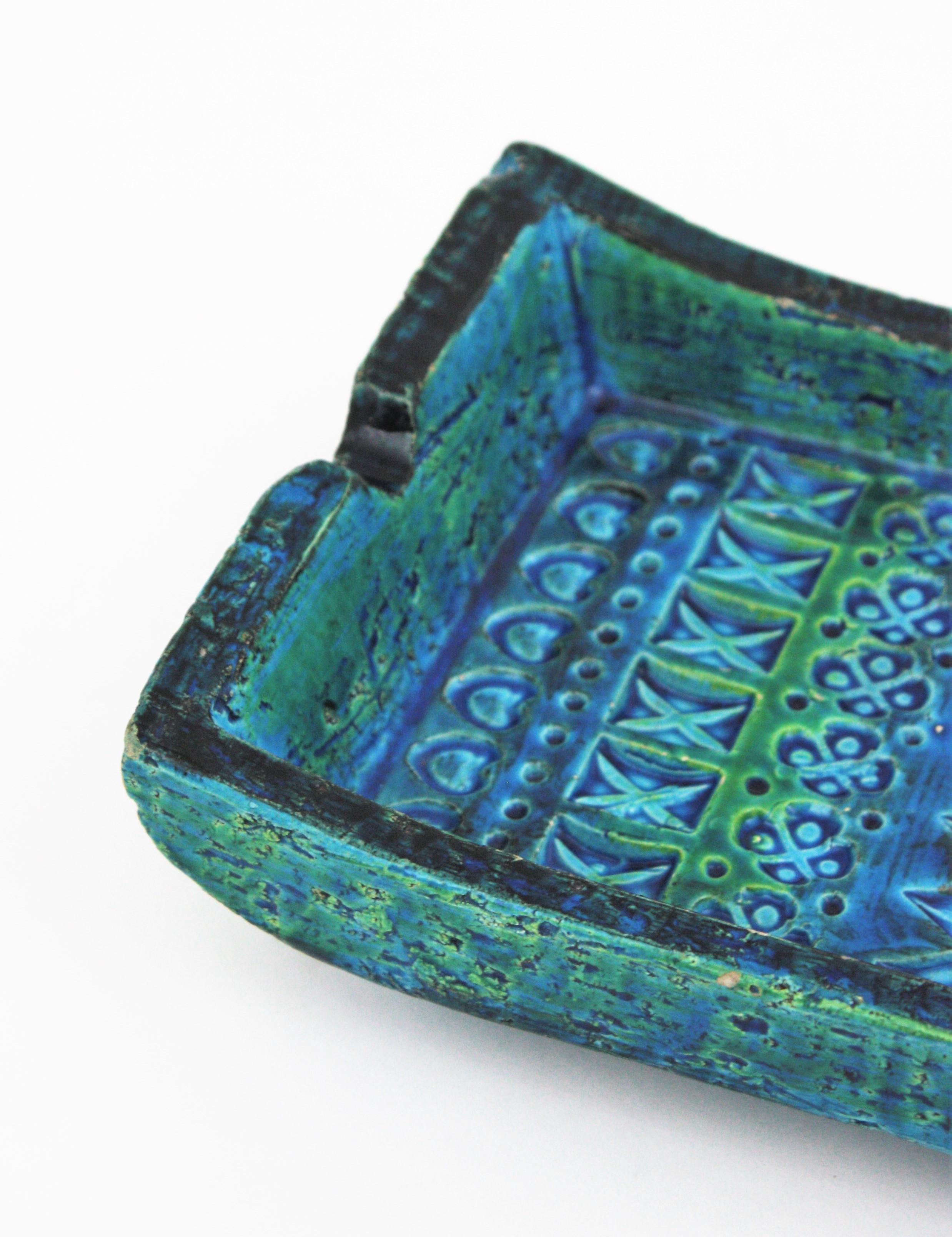Aldo Londi Bitossi Rimini Blue Glazed Ceramic Rectangular Ashtray Bowl Videpoche For Sale 1