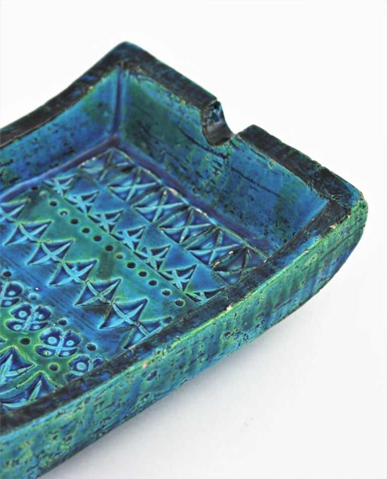 Aldo Londi Bitossi Rimini Blue Glazed Ceramic Rectangular Ashtray Bowl Videpoche For Sale 3
